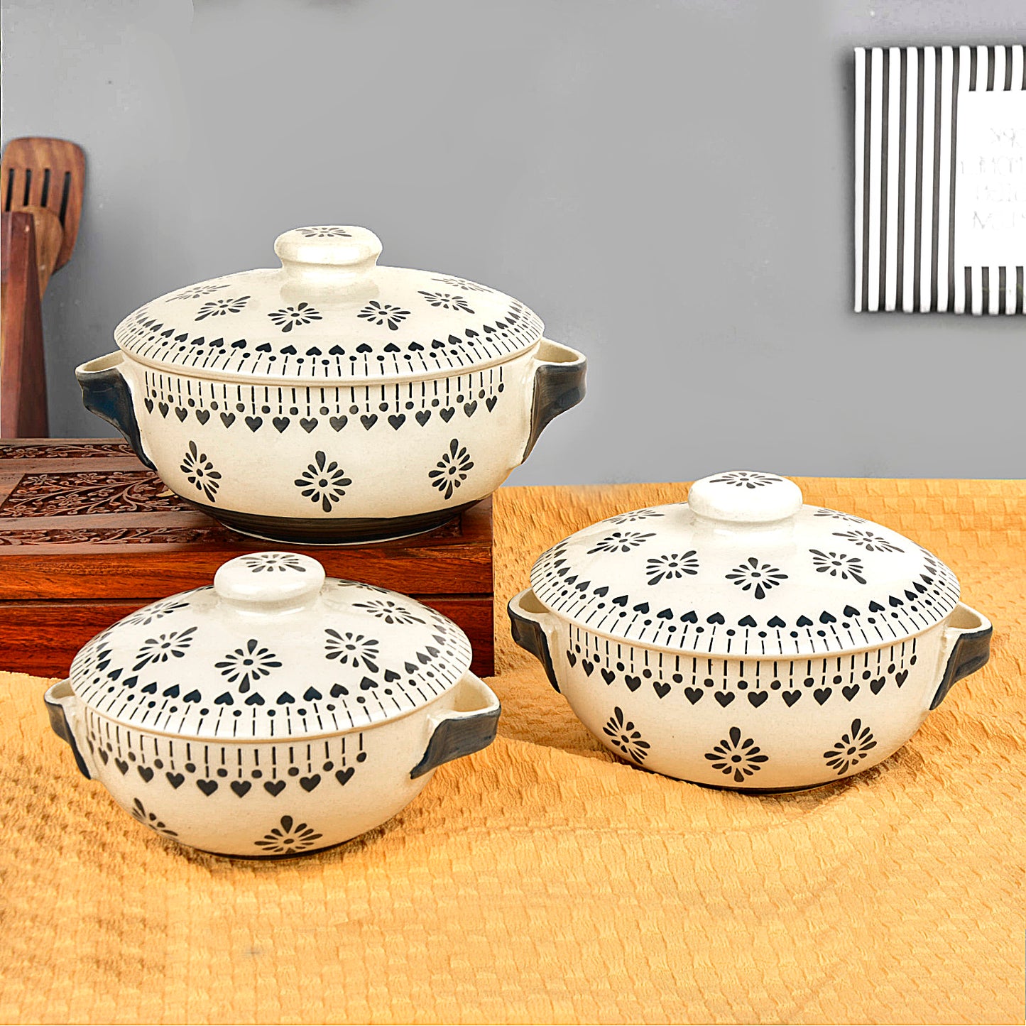 Hand Painted Large Ceramic Serving Donga Set for Kitchen with Lid and Handle (Set of 3, White and Grey, 1200 ml, 1000 ml, 800 ml) - View 6
