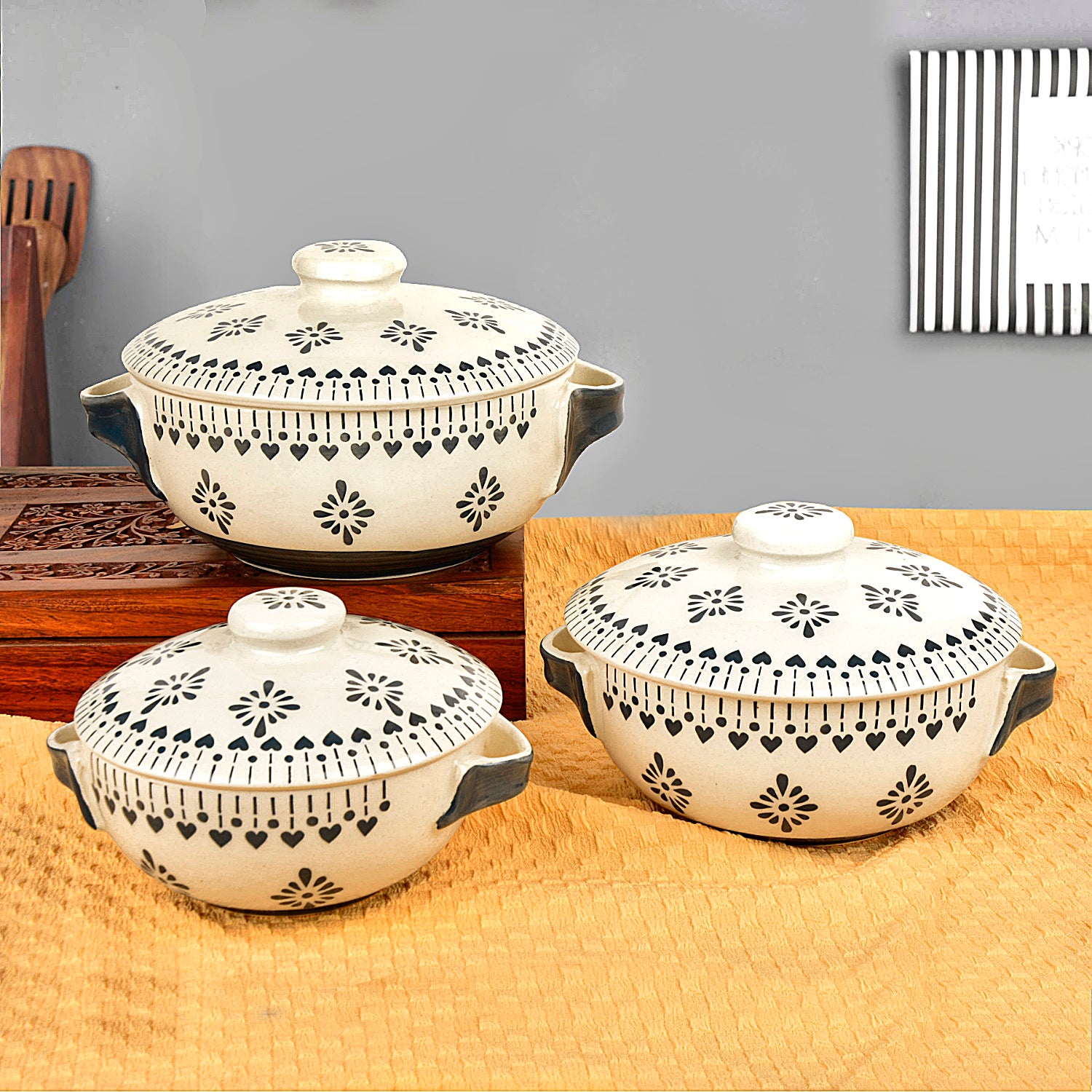 Hand Painted Large Ceramic Serving Donga Set for Kitchen with Lid and Handle (Set of 3, White and Grey, 1200 ml, 1000 ml, 800 ml) - View 6