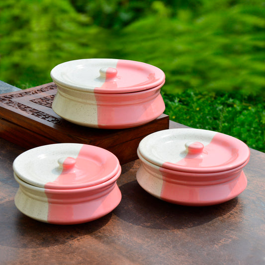 Hand Crafted Ceramic Handi with Lid (Set of 3, 1500 ml, 1000 ml and 700 ml, Off White and Pink)