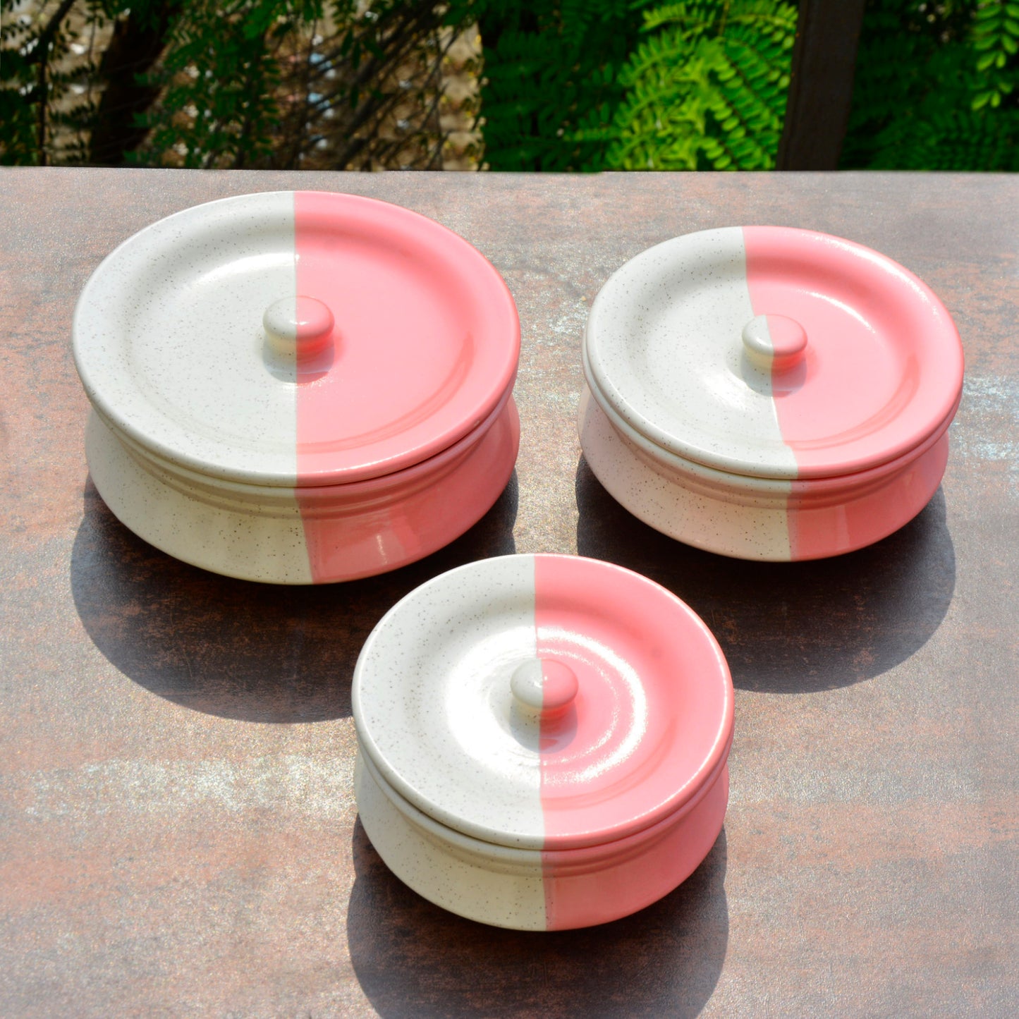 Hand Crafted Ceramic Handi with Lid (Set of 3, 1500 ml, 1000 ml and 700 ml, Off White and Pink) - View 3