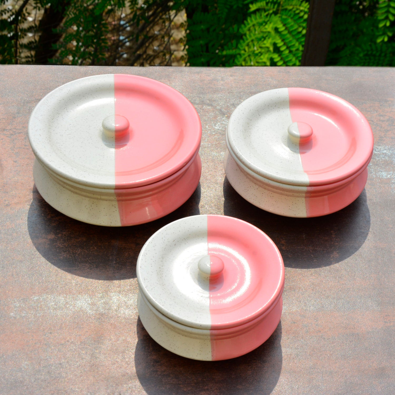 Hand Crafted Ceramic Handi with Lid (Set of 3, 1500 ml, 1000 ml and 700 ml, Off White and Pink) - View 3