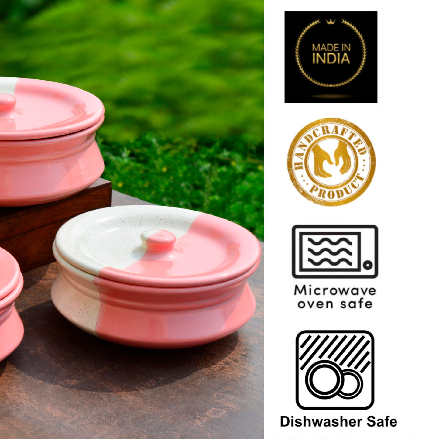 Hand Crafted Ceramic Handi with Lid (Set of 3, 1500 ml, 1000 ml and 700 ml, Off White and Pink) - View 4