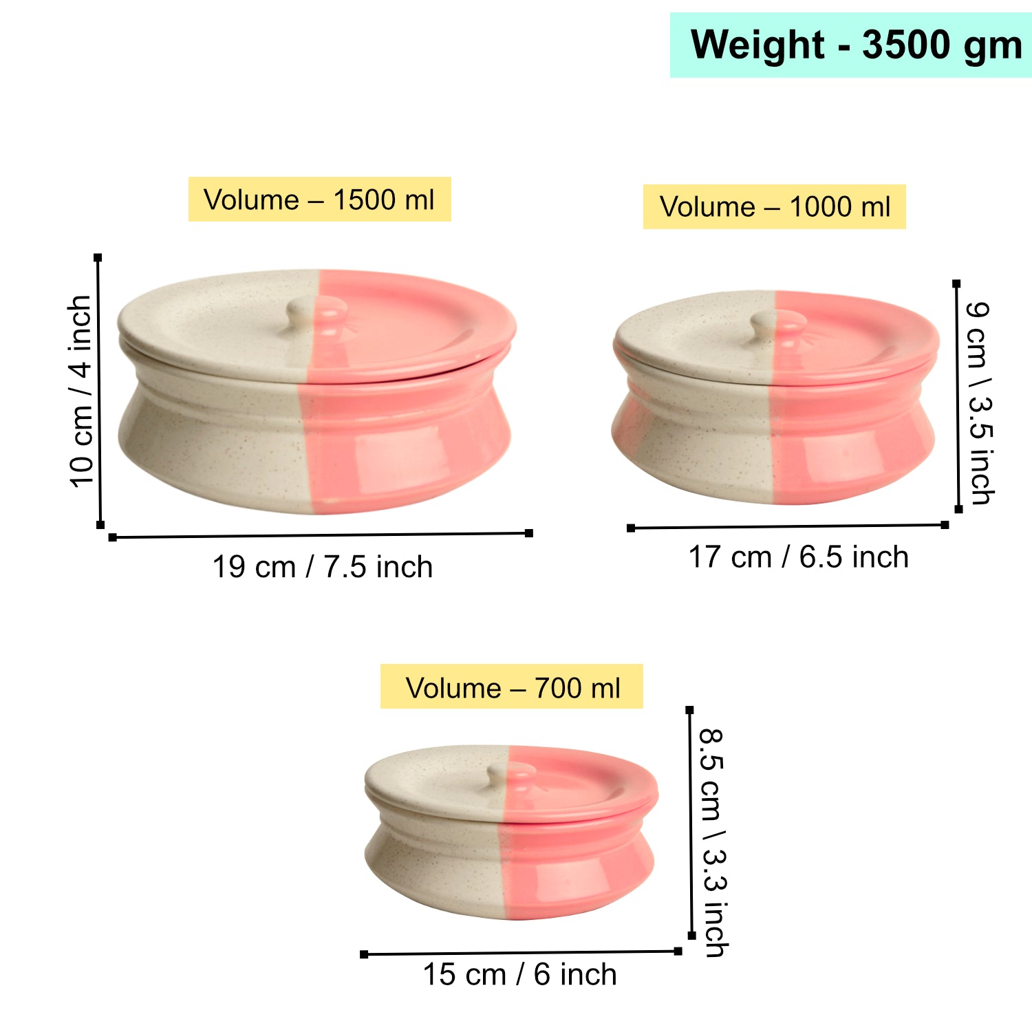 Hand Crafted Ceramic Handi with Lid (Set of 3, 1500 ml, 1000 ml and 700 ml, Off White and Pink) - View 2