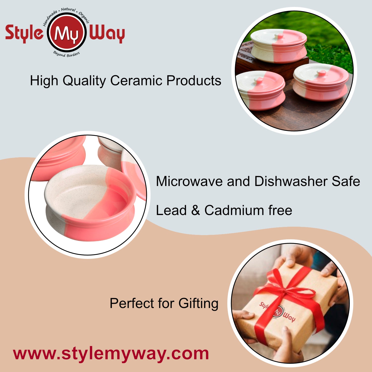 Hand Crafted Ceramic Handi with Lid (Set of 3, 1500 ml, 1000 ml and 700 ml, Off White and Pink) - View 5
