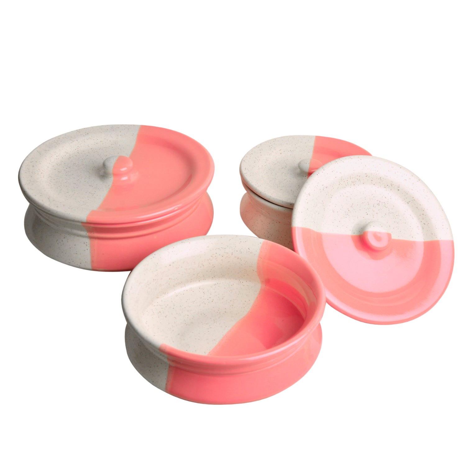 Hand Crafted Ceramic Handi with Lid (Set of 3, 1500 ml, 1000 ml and 700 ml, Off White and Pink) - View 6