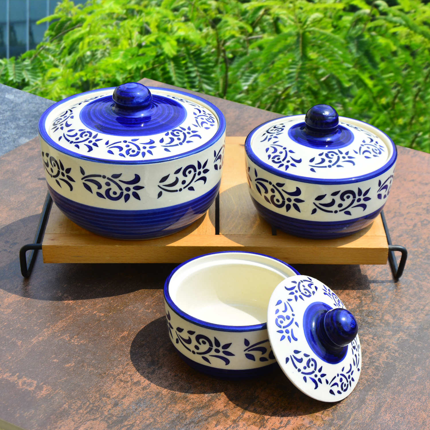 Hand Painted Ceramic Serving Donga with Lid (Set of 3, Blue , 1200 ml, 600 ml, 350 ml)