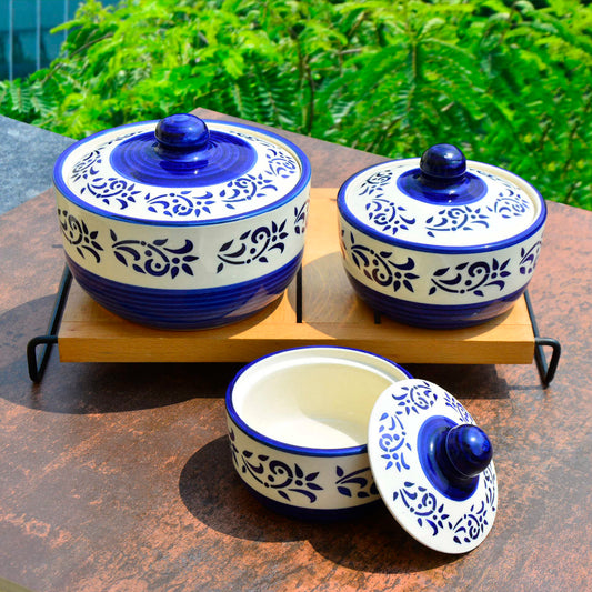 Hand Painted Ceramic Serving Donga with Lid (Set of 3, Blue , 1200 ml, 600 ml, 350 ml)
