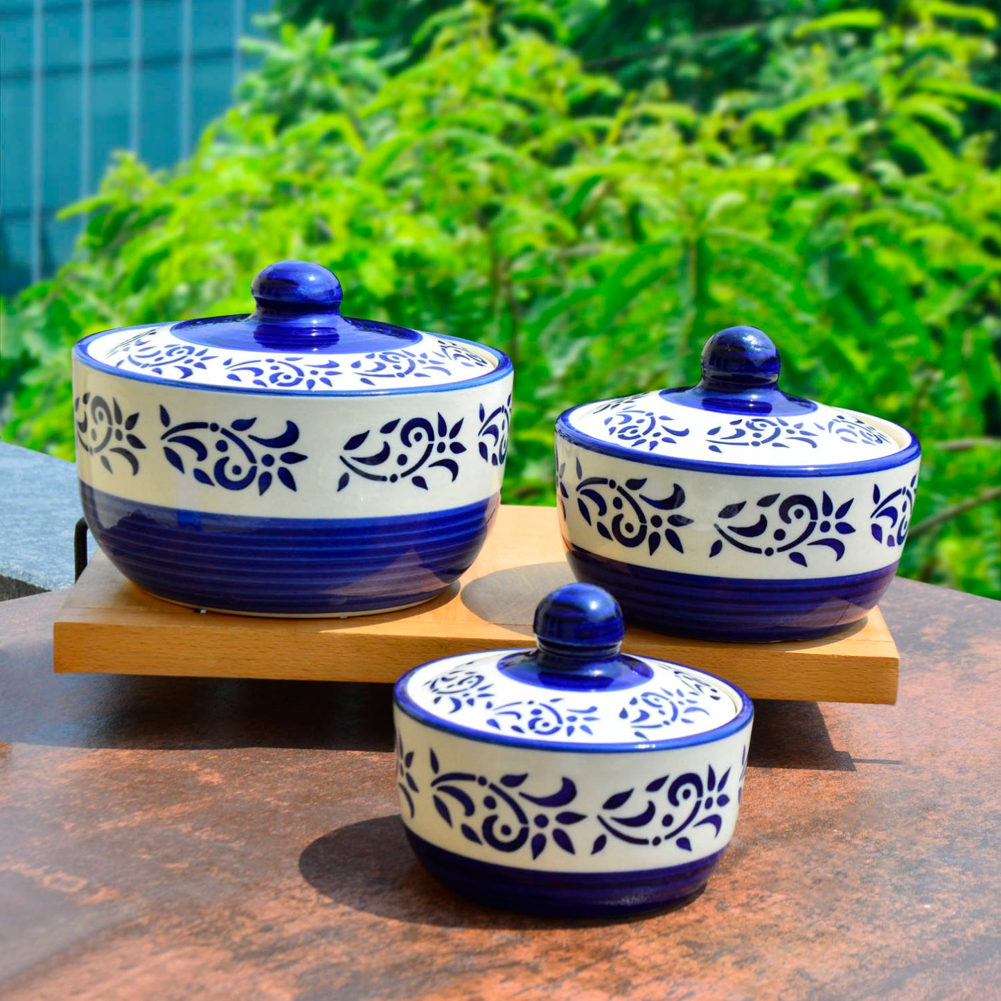 Hand Painted Ceramic Serving Donga with Lid (Set of 3, Blue , 1200 ml, 600 ml, 350 ml) - View 3