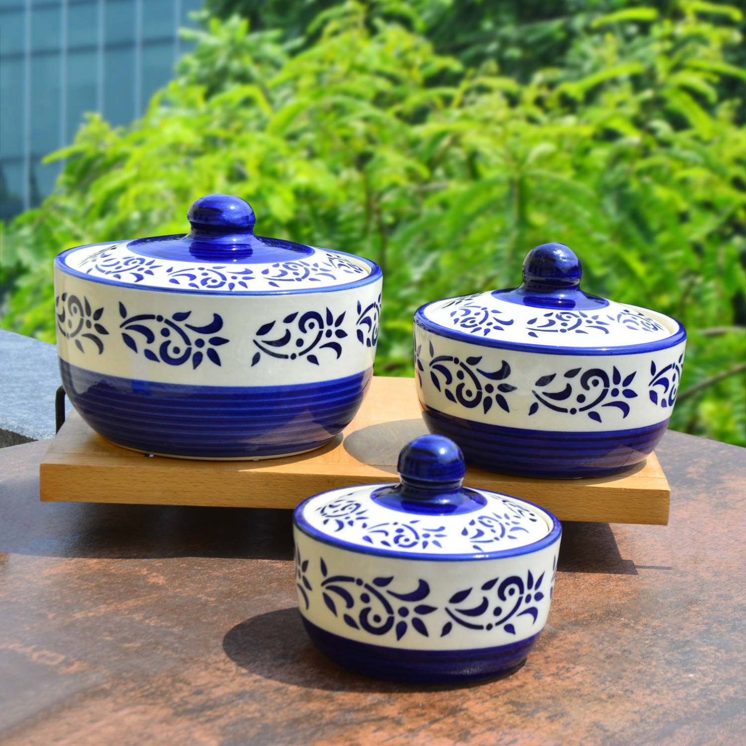 Hand Painted Ceramic Serving Donga with Lid (Set of 3, Blue , 1200 ml, 600 ml, 350 ml) - View 3