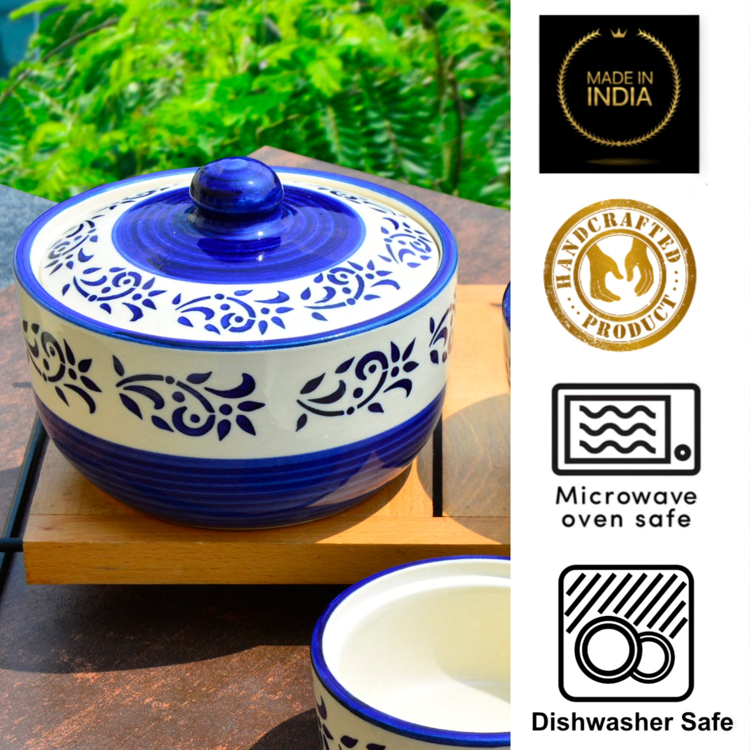 Hand Painted Ceramic Serving Donga with Lid (Set of 3, Blue , 1200 ml, 600 ml, 350 ml) - View 4