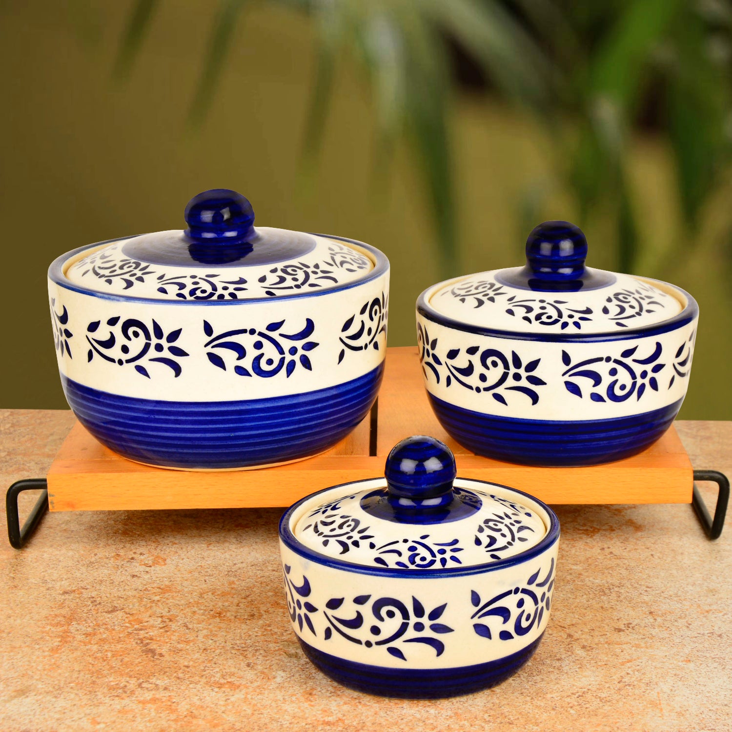 Hand Painted Ceramic Serving Donga with Lid (Set of 3, Blue , 1200 ml, 600 ml, 350 ml) - View 5