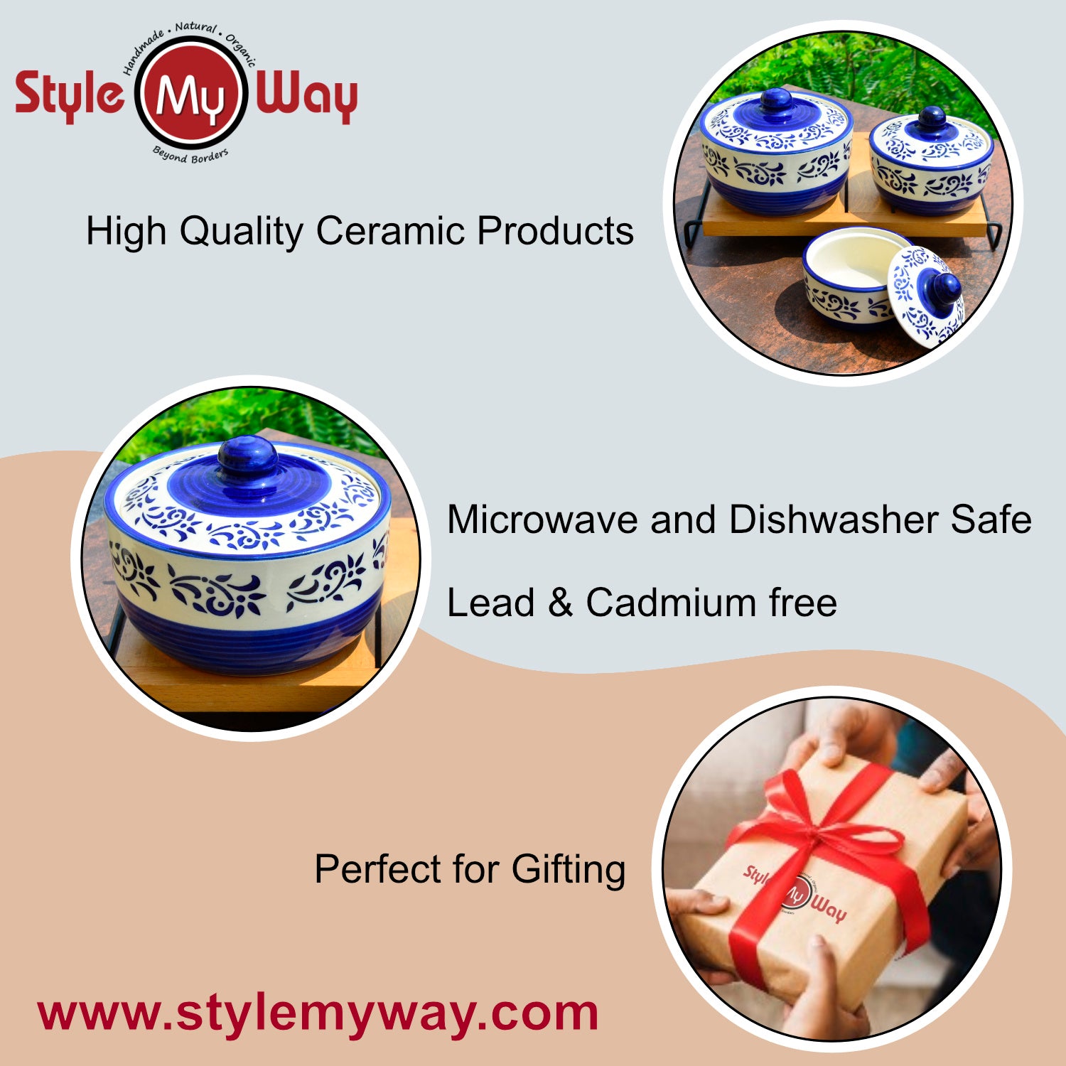 Hand Painted Ceramic Serving Donga with Lid (Set of 3, Blue , 1200 ml, 600 ml, 350 ml) - View 6