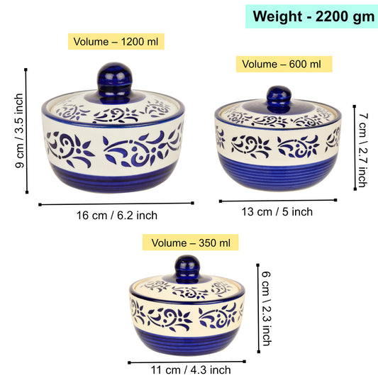 Hand Painted Ceramic Serving Donga with Lid (Set of 3, Blue , 1200 ml, 600 ml, 350 ml) - View 2
