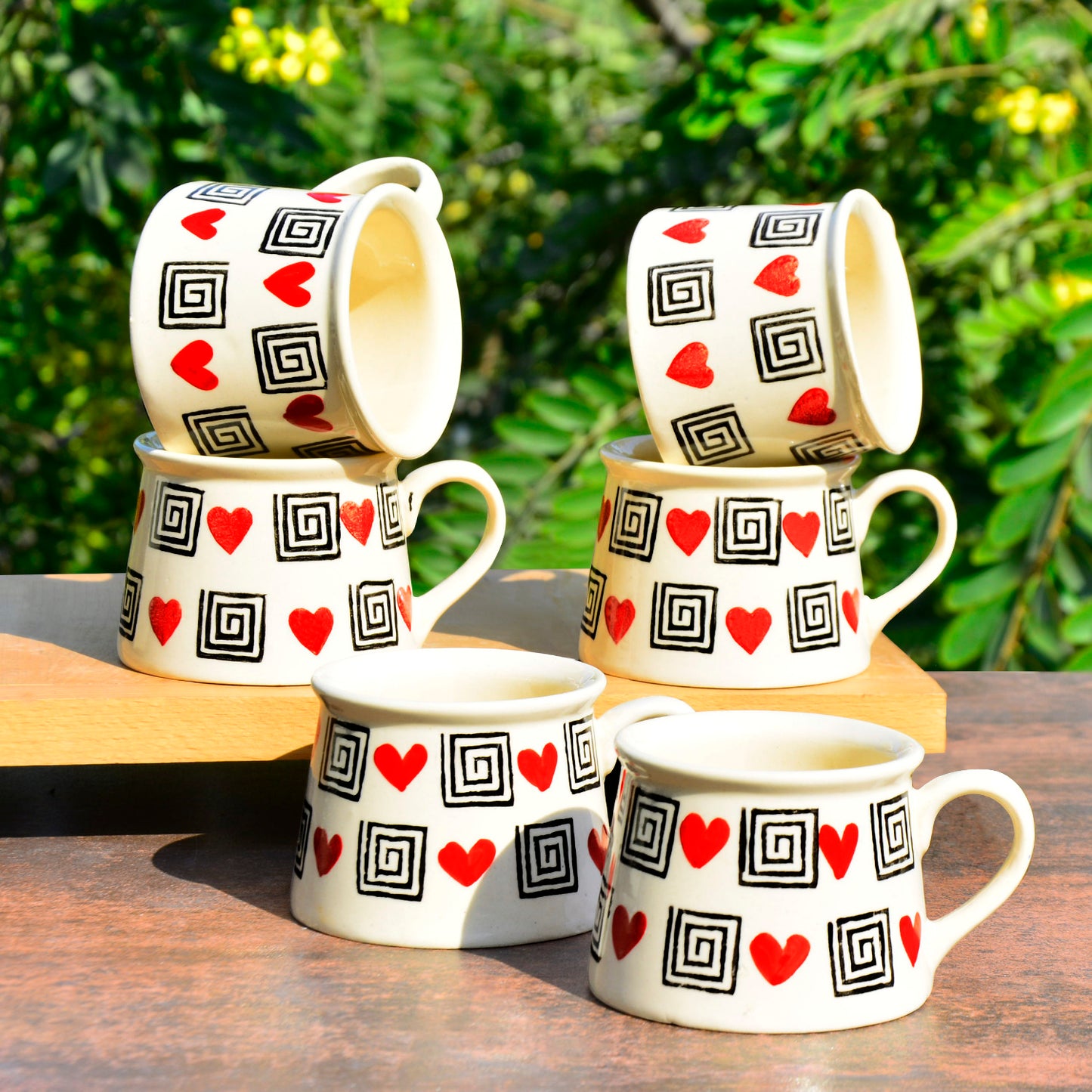 Hand Crafted Heart Print Ceramic Coffee Mugs (200 ml, Set of 6, Off White, Red, Black)