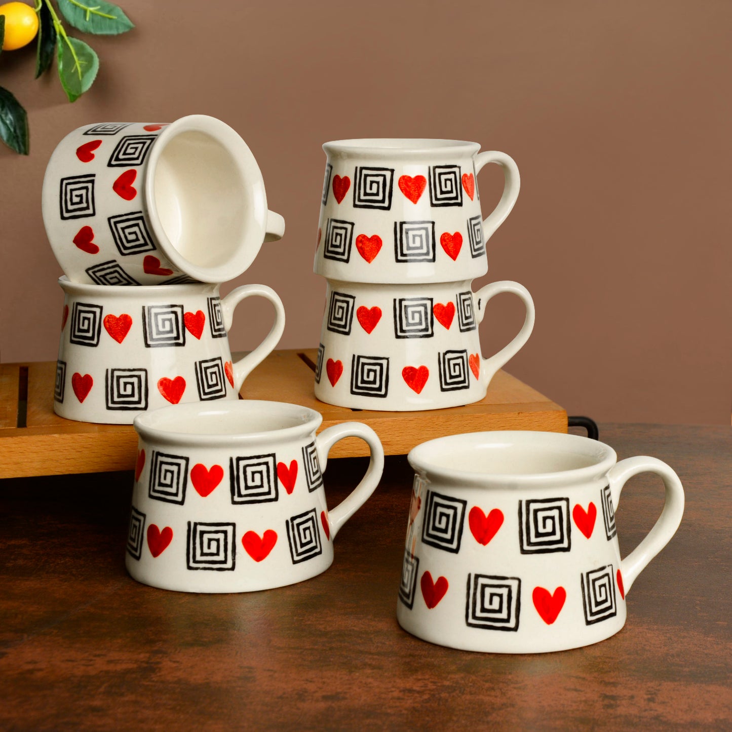 Hand Crafted Heart Print Ceramic Coffee Mugs (200 ml, Set of 6, Off White, Red, Black) - View 3