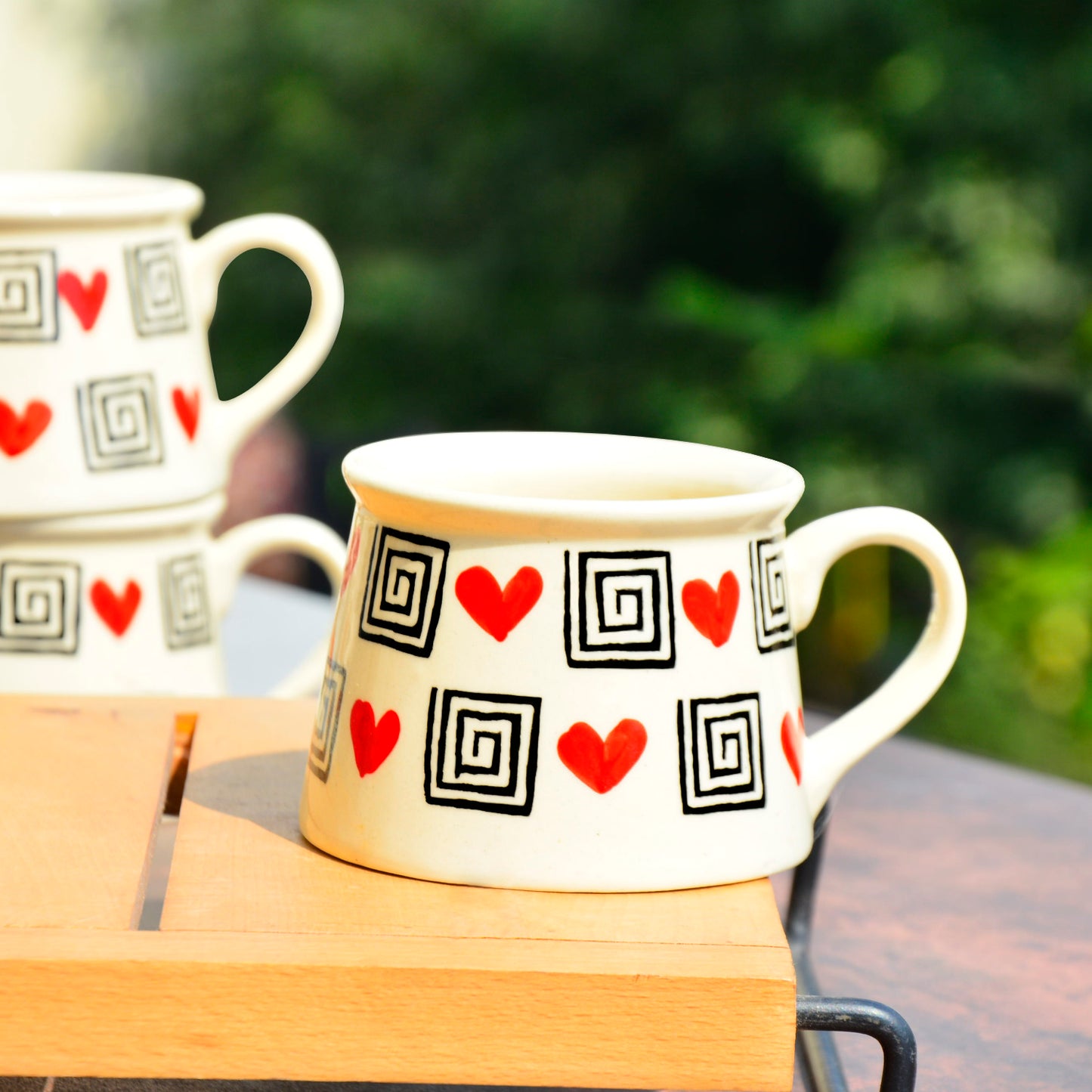 Hand Crafted Heart Print Ceramic Coffee Mugs (200 ml, Set of 6, Off White, Red, Black) - View 4