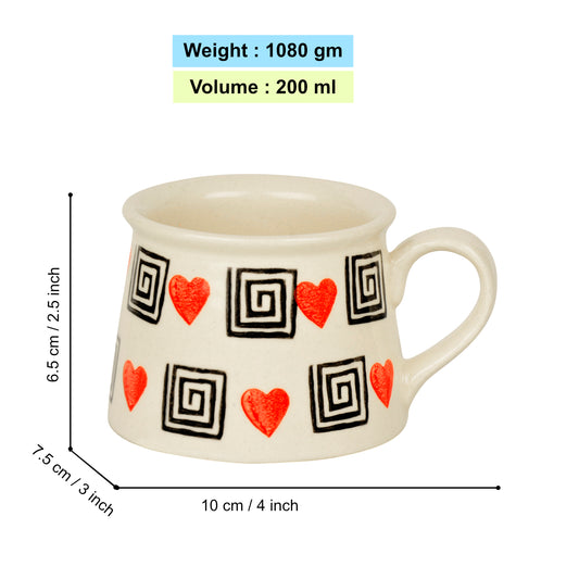 Hand Crafted Heart Print Ceramic Coffee Mugs (200 ml, Set of 6, Off White, Red, Black) - View 2