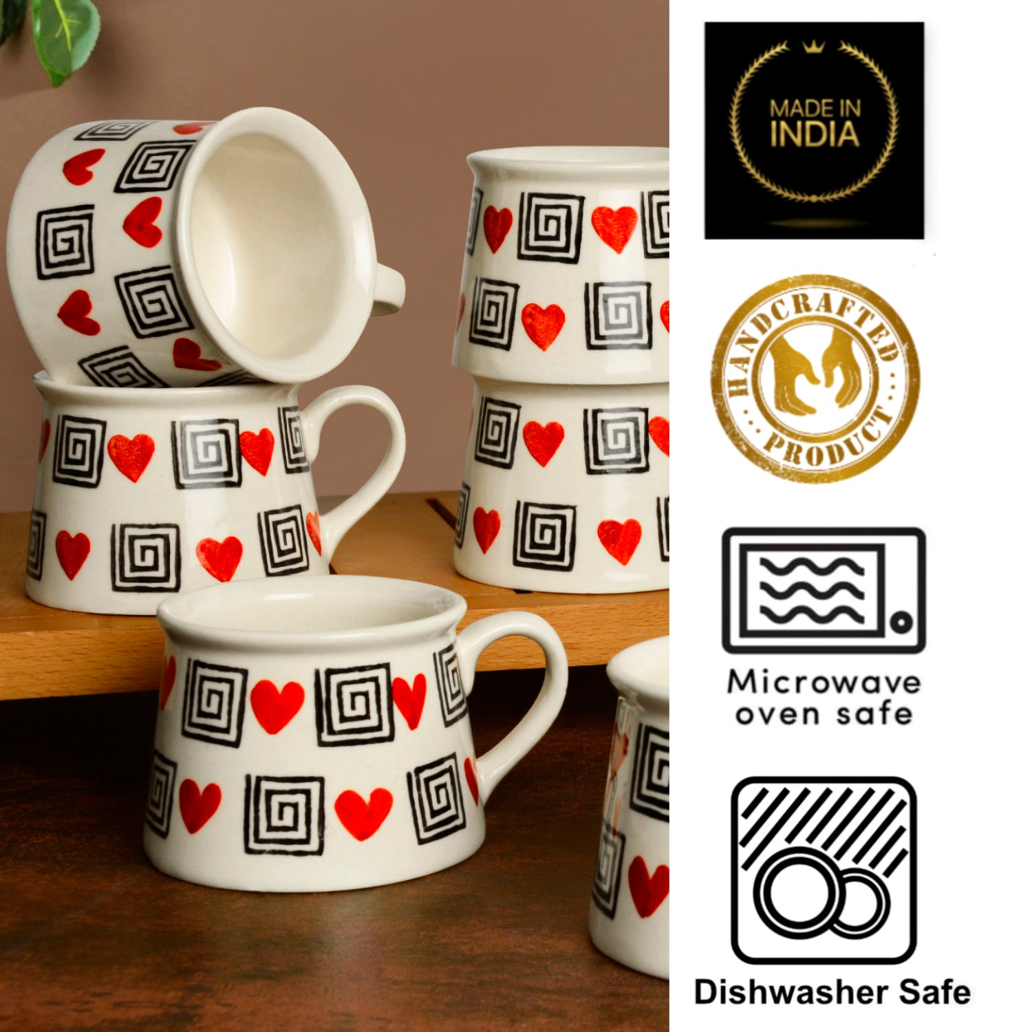 Hand Crafted Heart Print Ceramic Coffee Mugs (200 ml, Set of 6, Off White, Red, Black) - View 5