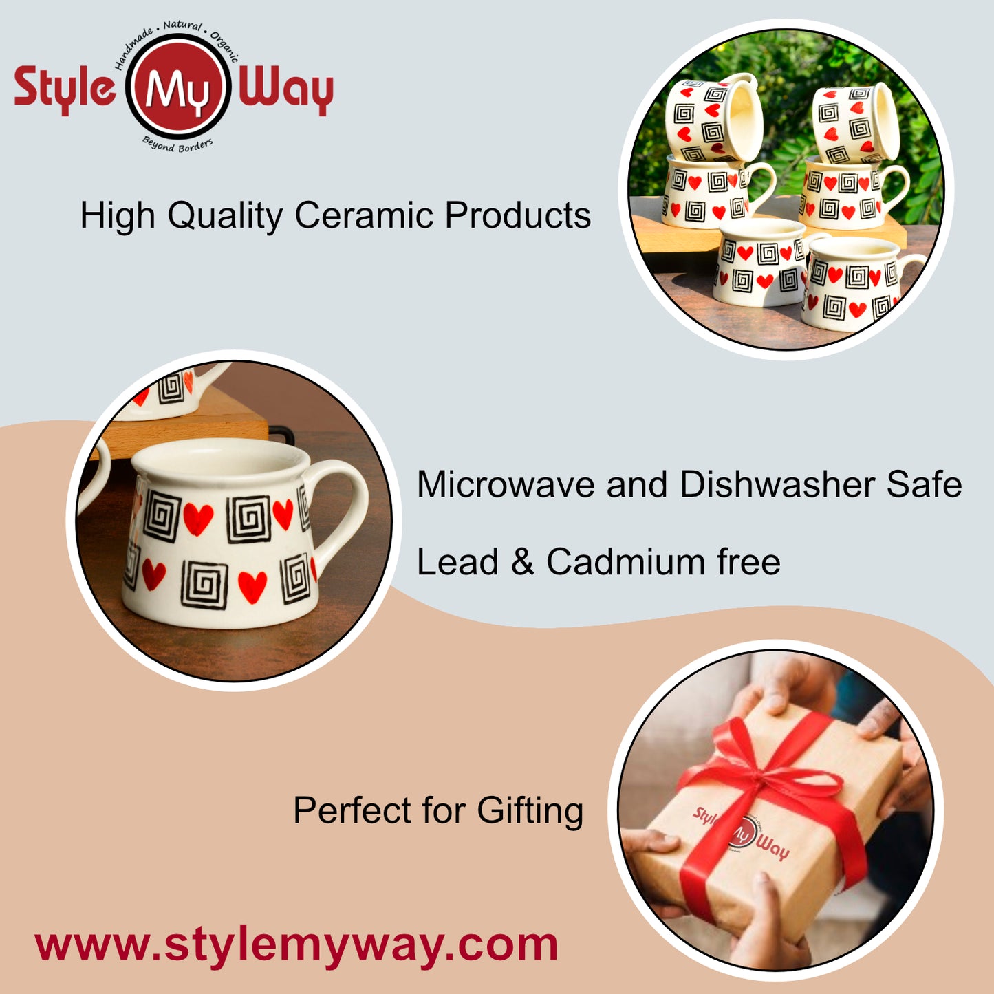 Hand Crafted Heart Print Ceramic Coffee Mugs (200 ml, Set of 6, Off White, Red, Black) - View 6