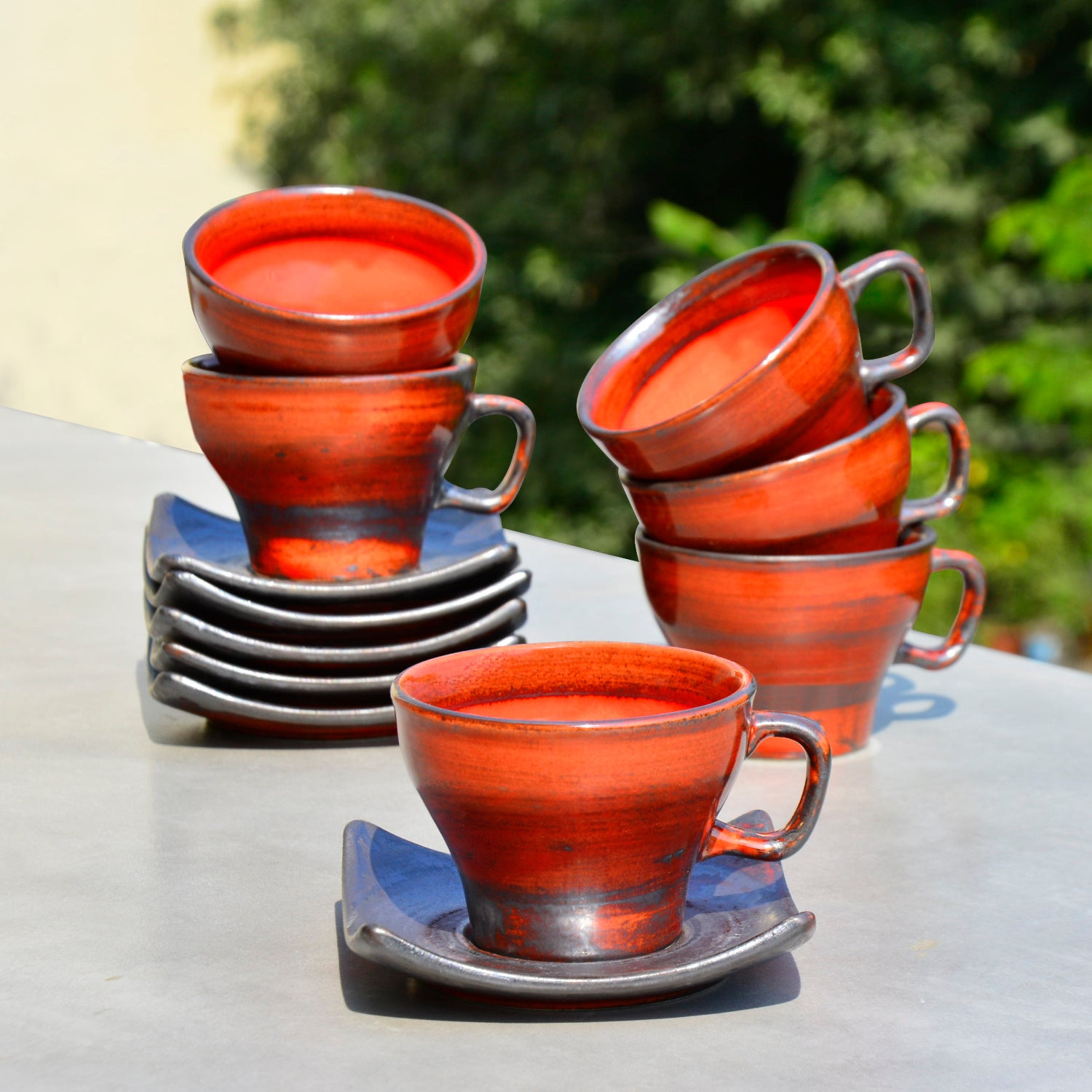 Studio Pottery Ceramic Cup and Saucer (Set of 6, Red, 200 ml each)