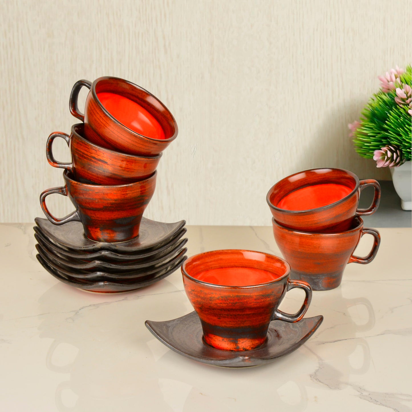 Studio Pottery Ceramic Cup and Saucer (Set of 6, Red, 200 ml each) - View 3