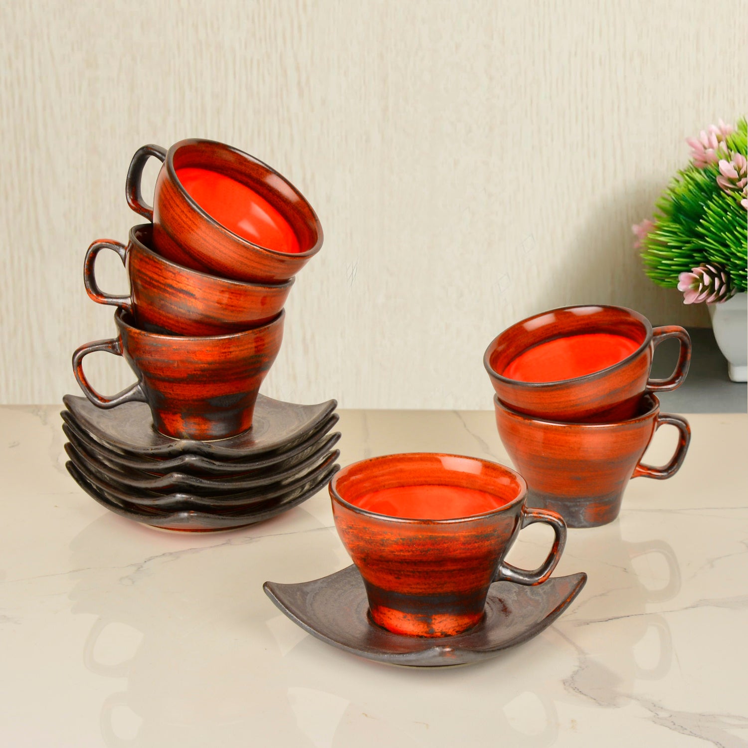 Studio Pottery Ceramic Cup and Saucer (Set of 6, Red, 200 ml each) - View 3