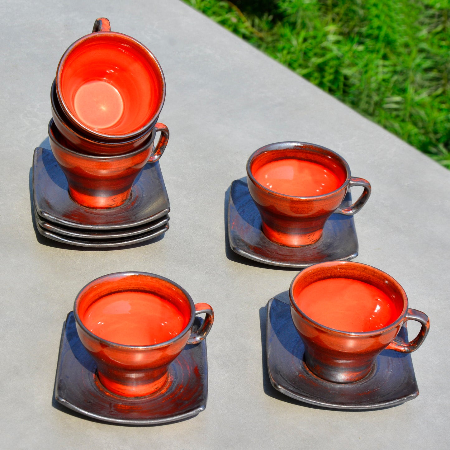 Studio Pottery Ceramic Cup and Saucer (Set of 6, Red, 200 ml each) - View 5