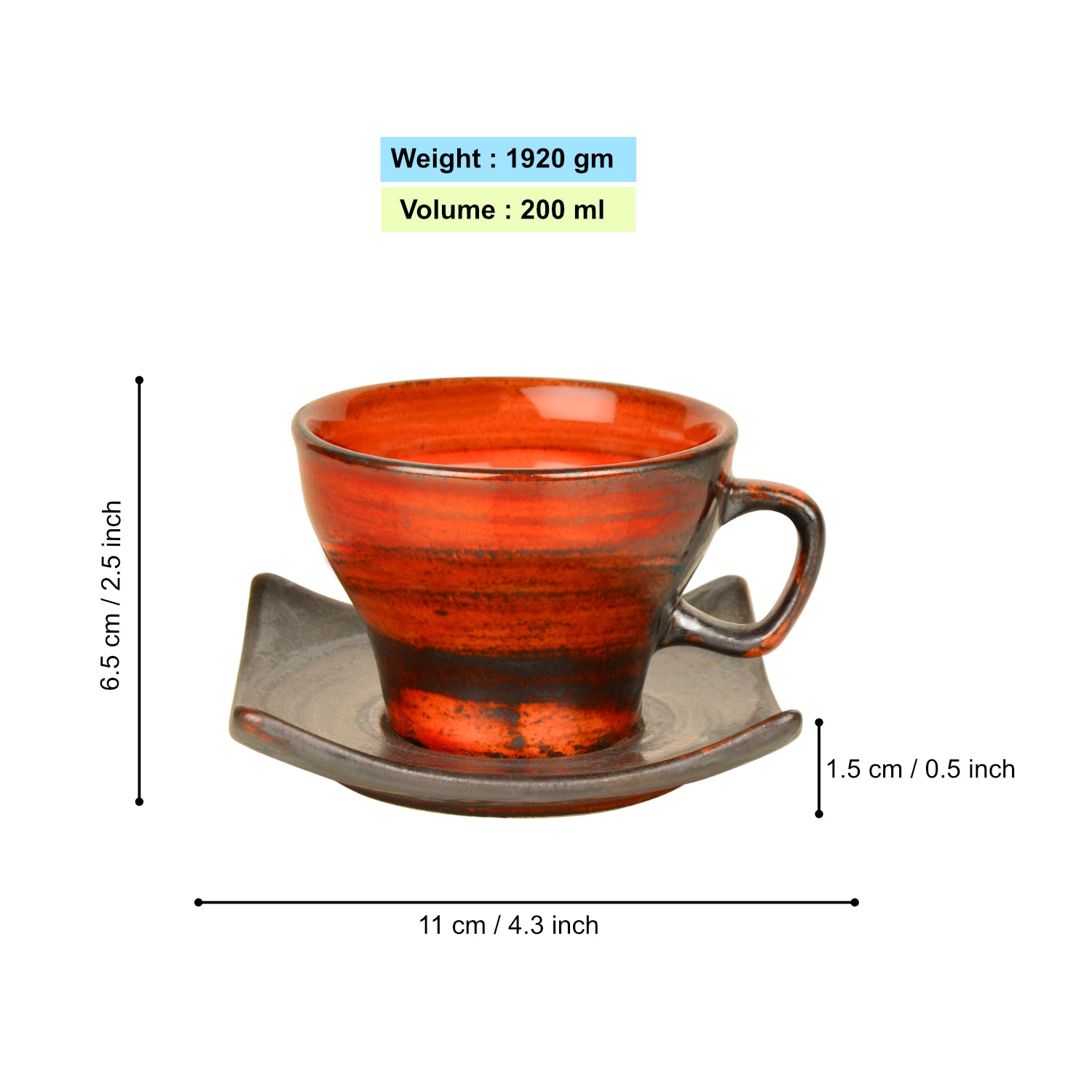 Studio Pottery Ceramic Cup and Saucer (Set of 6, Red, 200 ml each) - View 2