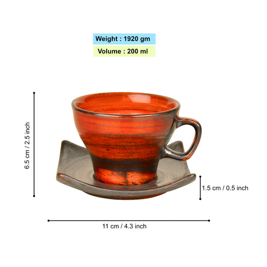 Studio Pottery Ceramic Cup and Saucer (Set of 6, Red, 200 ml each) - View 2