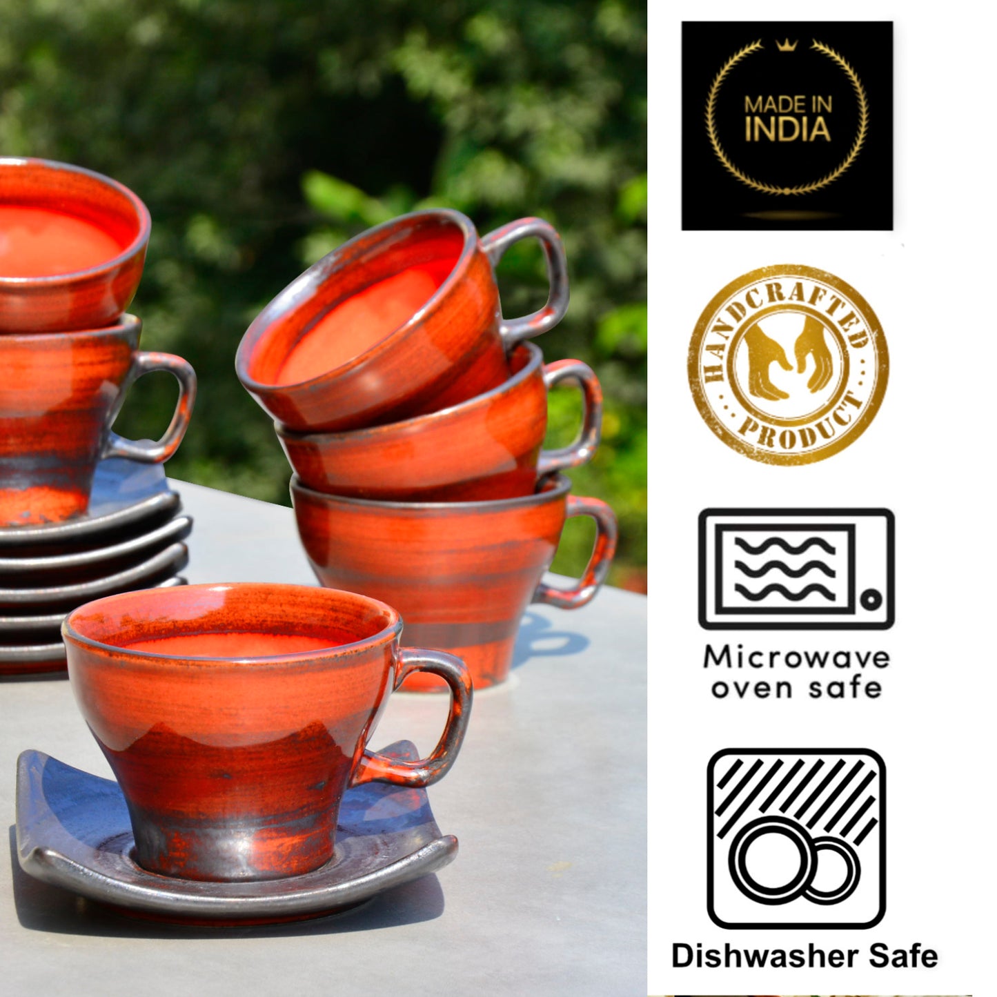 Studio Pottery Ceramic Cup and Saucer (Set of 6, Red, 200 ml each) - View 6