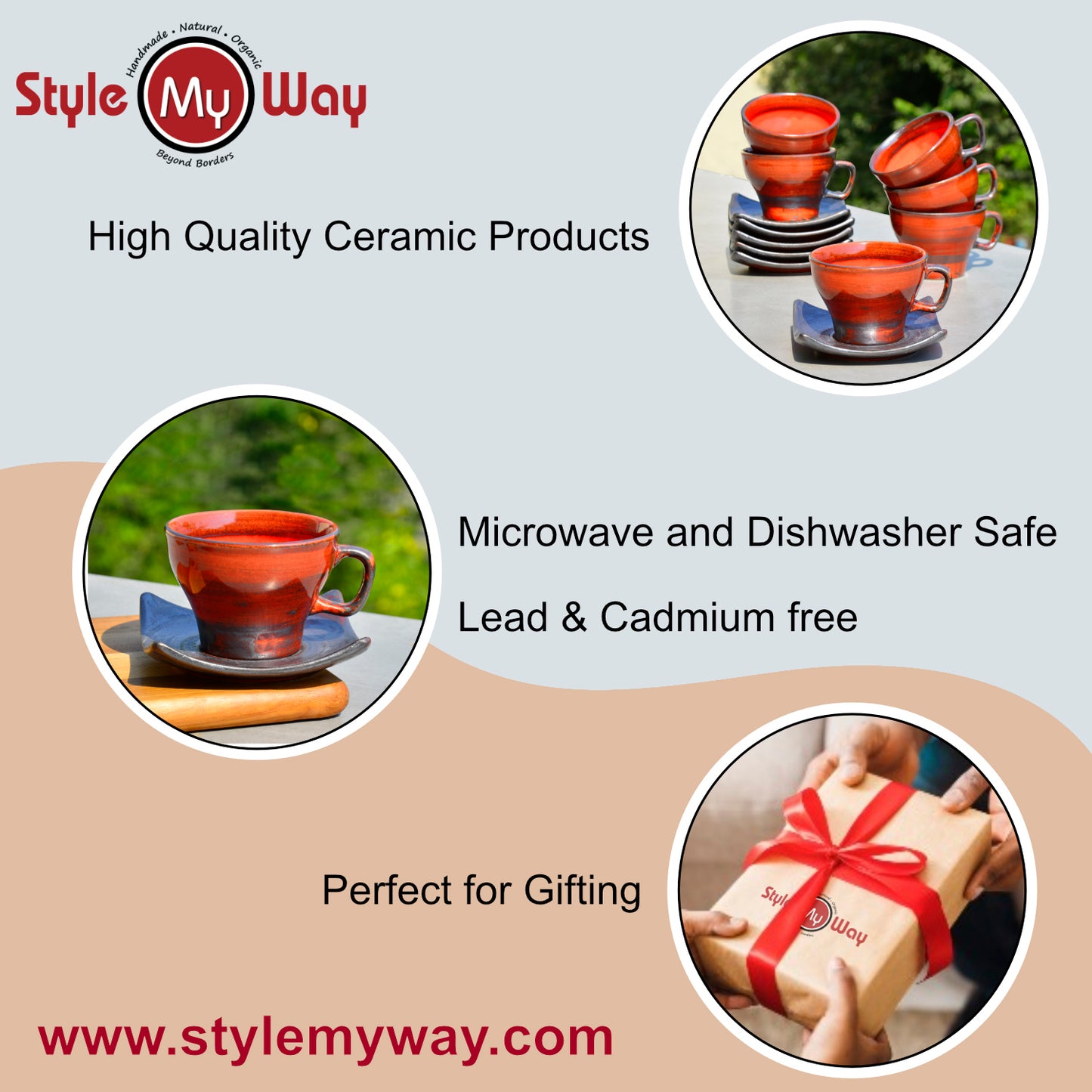 Studio Pottery Ceramic Cup and Saucer (Set of 6, Red, 200 ml each) - View 7