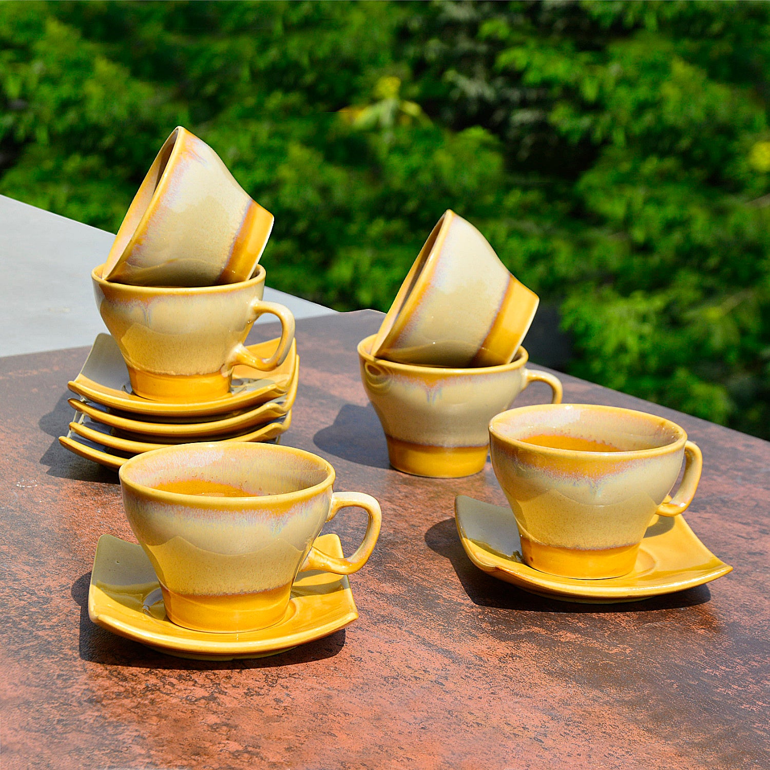 Studio Pottery Ceramic Cup and Saucer (Set of 6, Golden, 200 ml each)