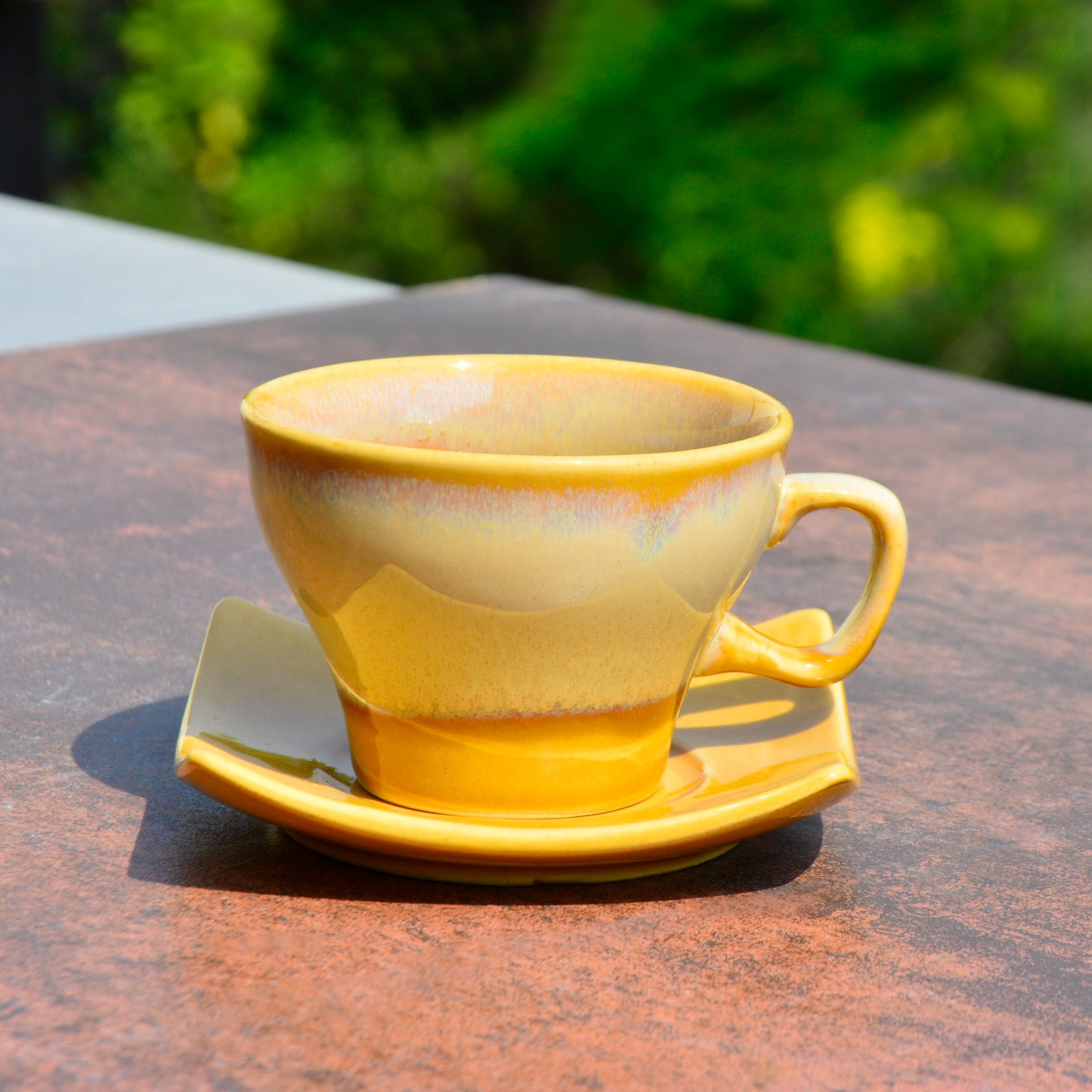 Studio Pottery Ceramic Cup and Saucer (Set of 6, Golden, 200 ml each) - View 3
