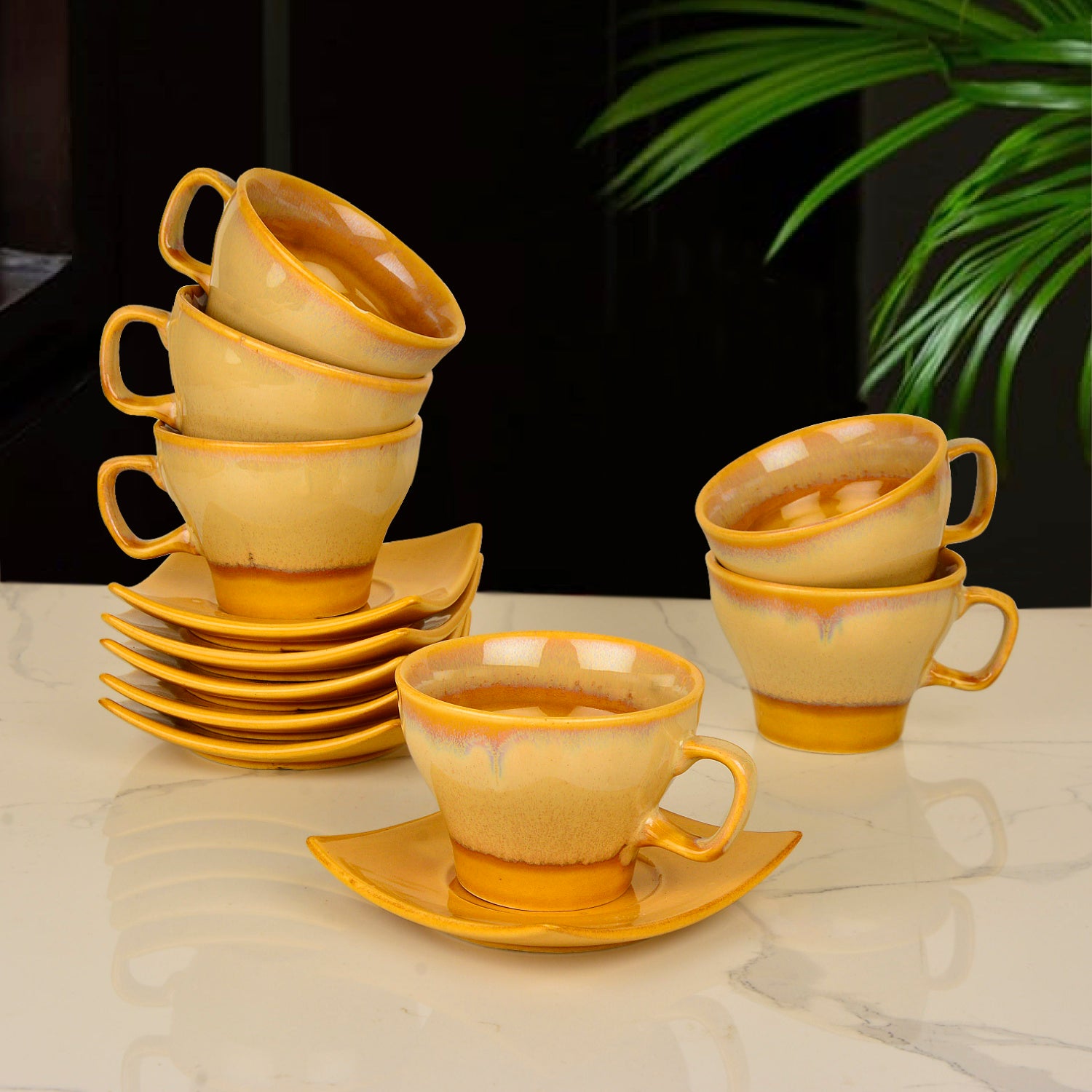 Studio Pottery Ceramic Cup and Saucer (Set of 6, Golden, 200 ml each) - View 4