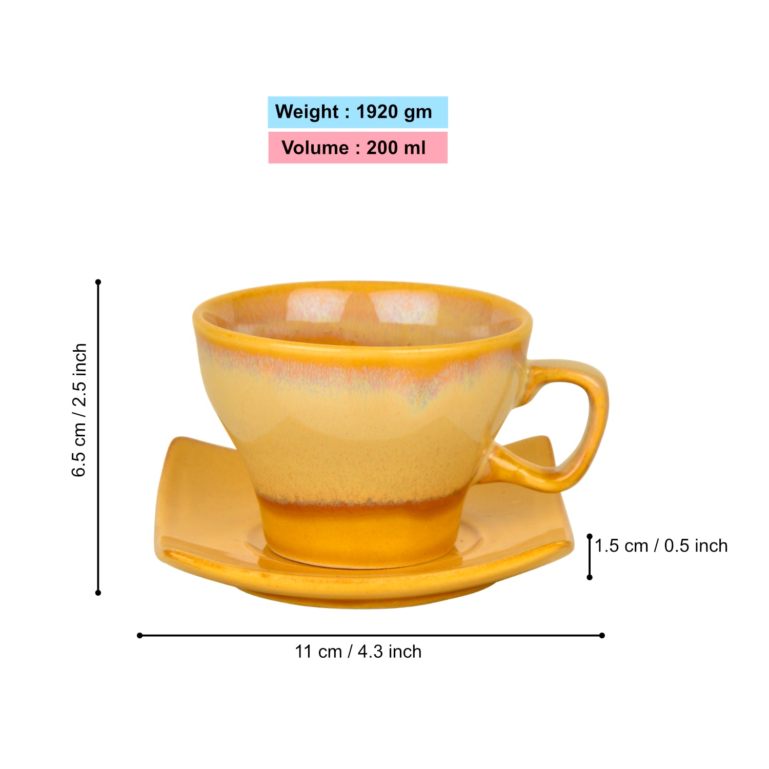 Studio Pottery Ceramic Cup and Saucer (Set of 6, Golden, 200 ml each) - View 2