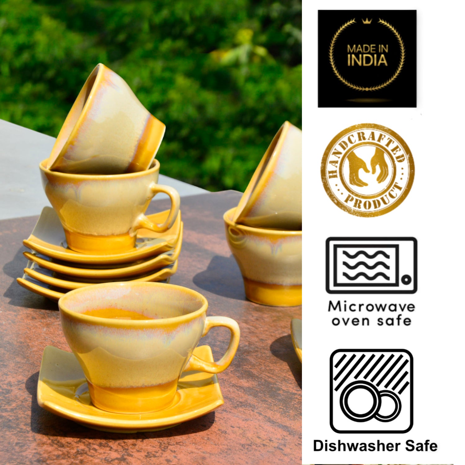 Studio Pottery Ceramic Cup and Saucer (Set of 6, Golden, 200 ml each) - View 5