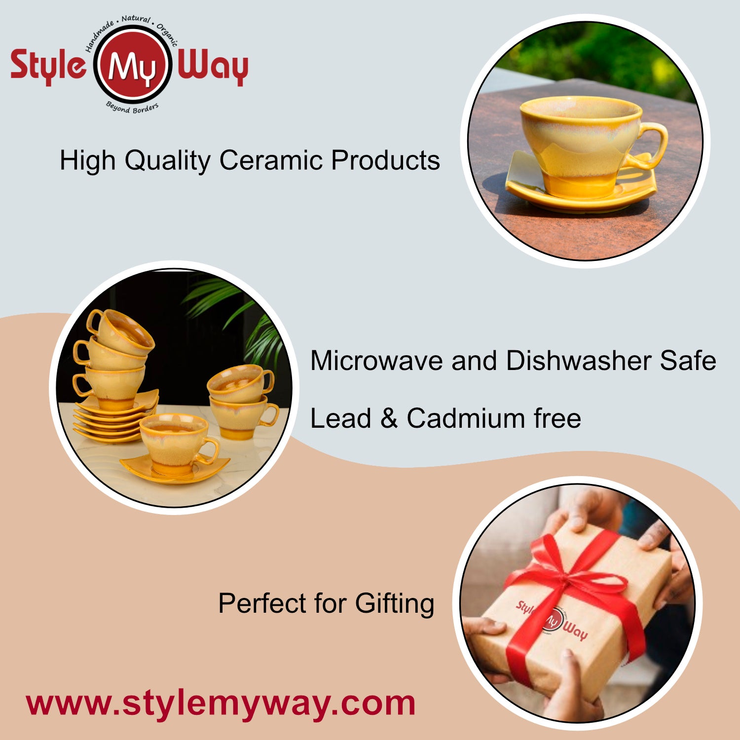 Studio Pottery Ceramic Cup and Saucer (Set of 6, Golden, 200 ml each) - View 6