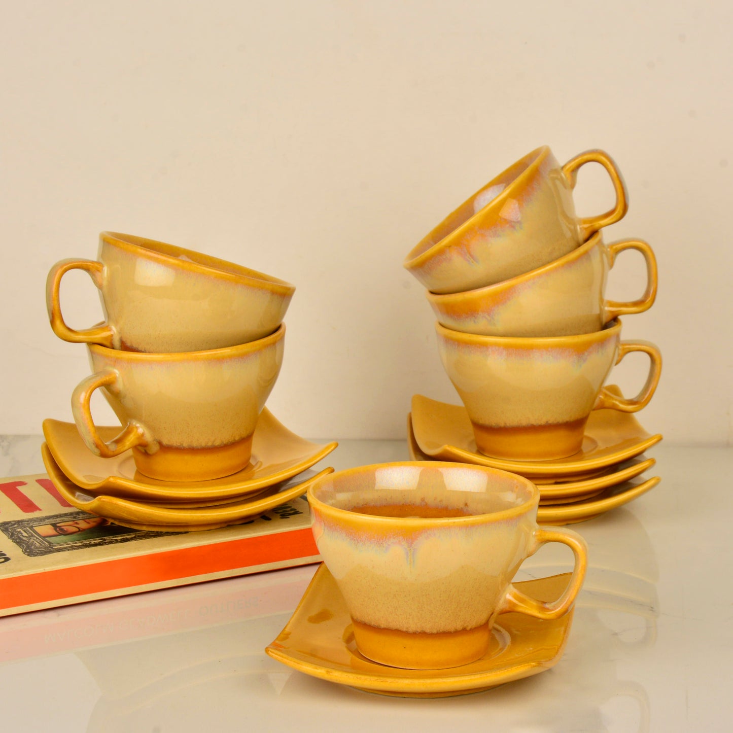 Studio Pottery Ceramic Cup and Saucer (Set of 6, Golden, 200 ml each) - View 7