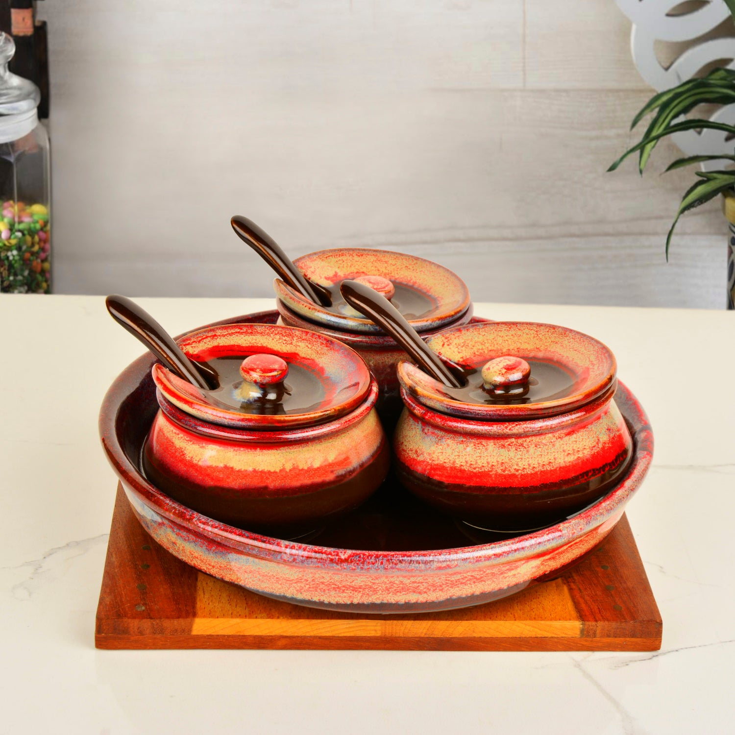 Studio Pottery Ceramic Pickle Serving Handi Set with Spoon and Tray (Set of 3, Red Studio) - View 3