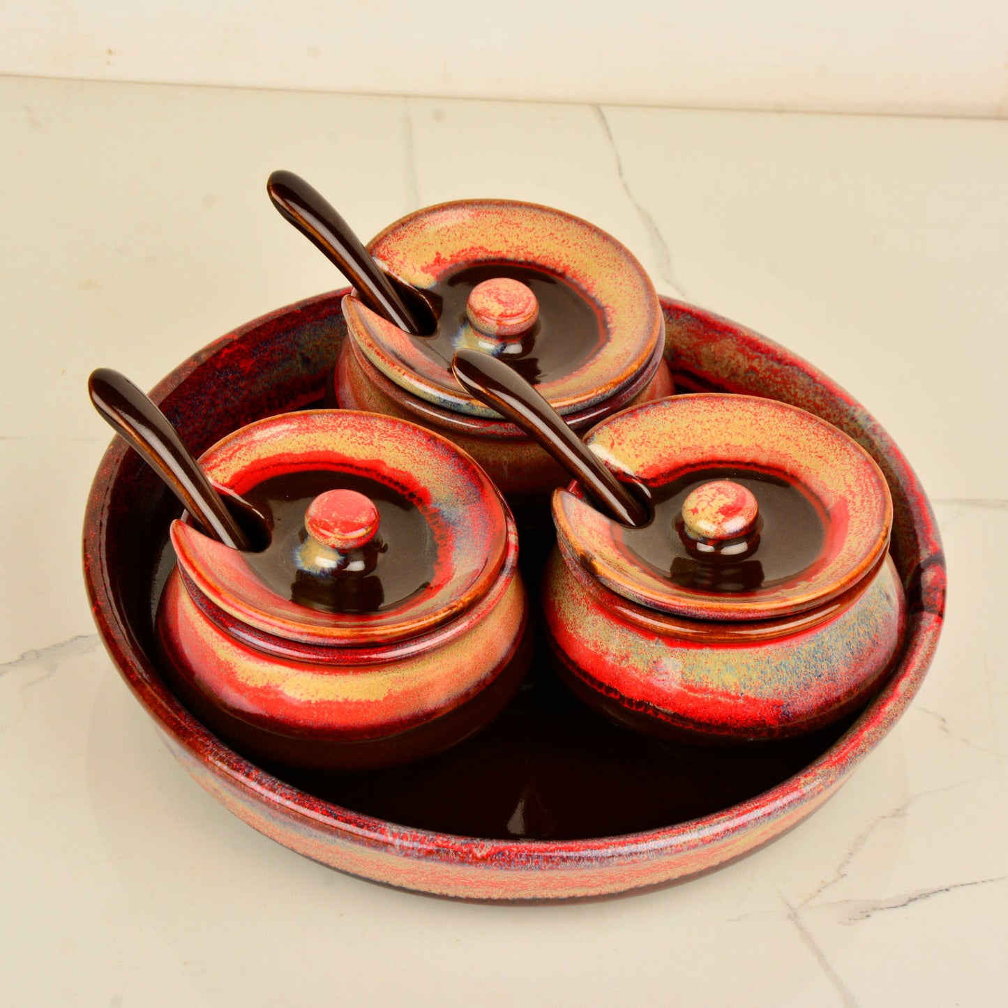 Studio Pottery Ceramic Pickle Serving Handi Set with Spoon and Tray (Set of 3, Red Studio) - View 4