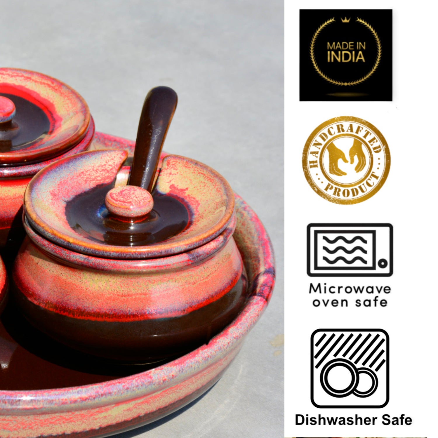 Studio Pottery Ceramic Pickle Serving Handi Set with Spoon and Tray (Set of 3, Red Studio) - View 5