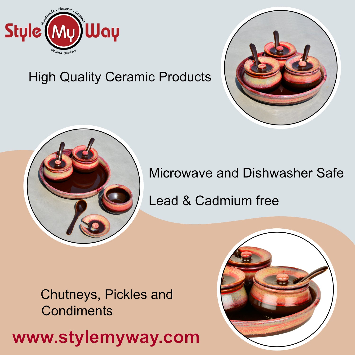 Studio Pottery Ceramic Pickle Serving Handi Set with Spoon and Tray (Set of 3, Red Studio) - View 6