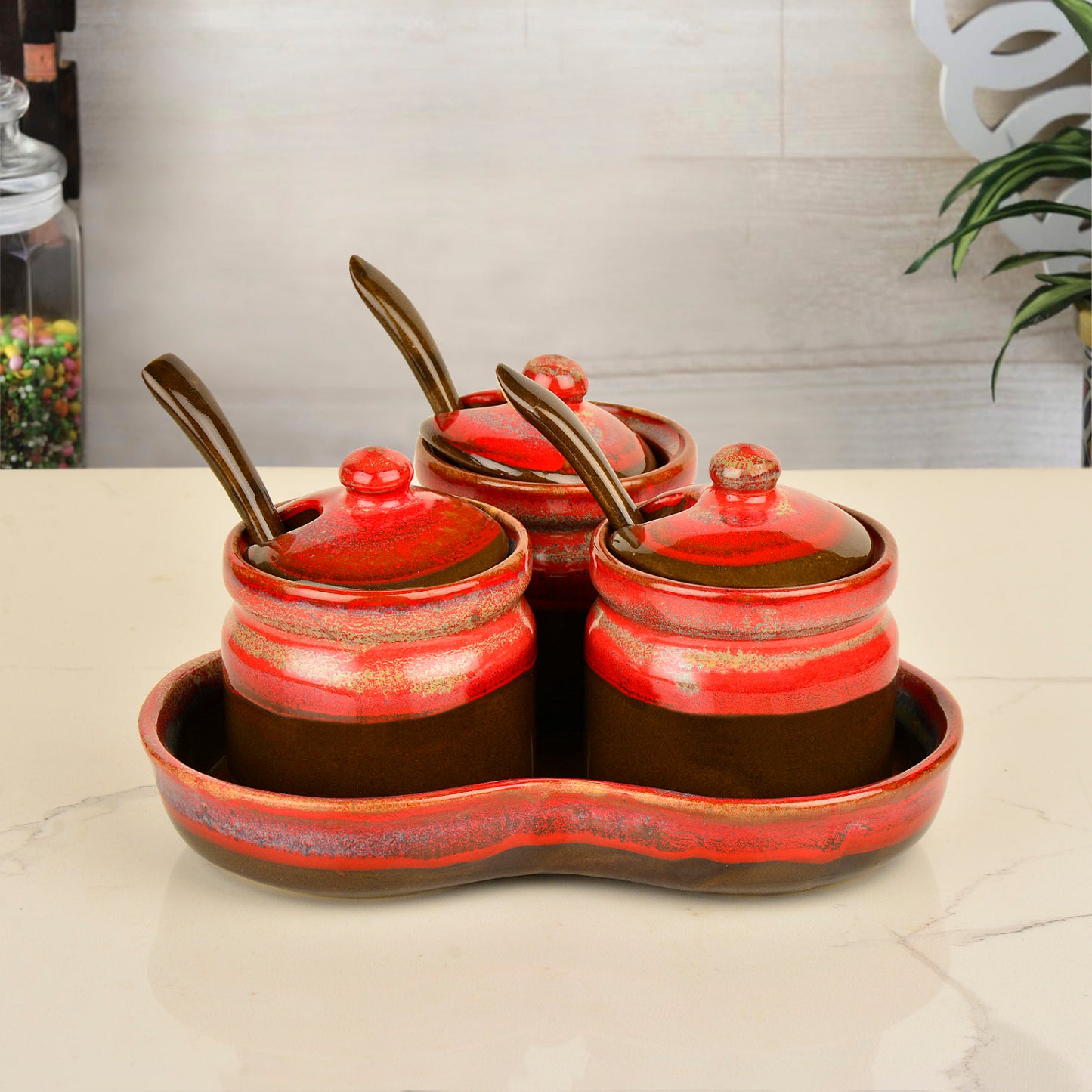 Studio Pottery Ceramic Pickle Serving Jar Set with Spoon and Tray (Set of 3, Golden Studio) - View 3