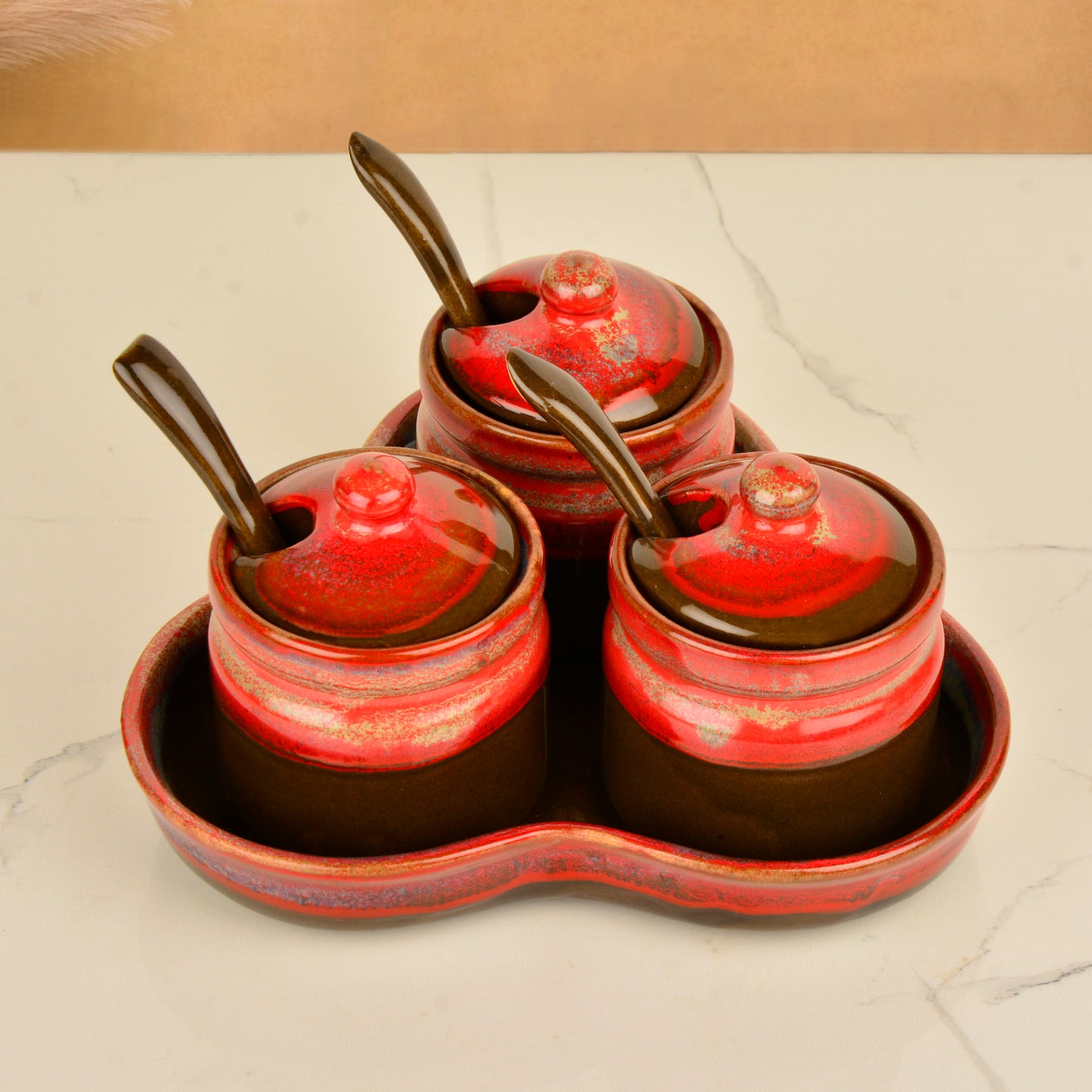 Studio Pottery Ceramic Pickle Serving Jar Set with Spoon and Tray (Set of 3, Golden Studio) - View 4