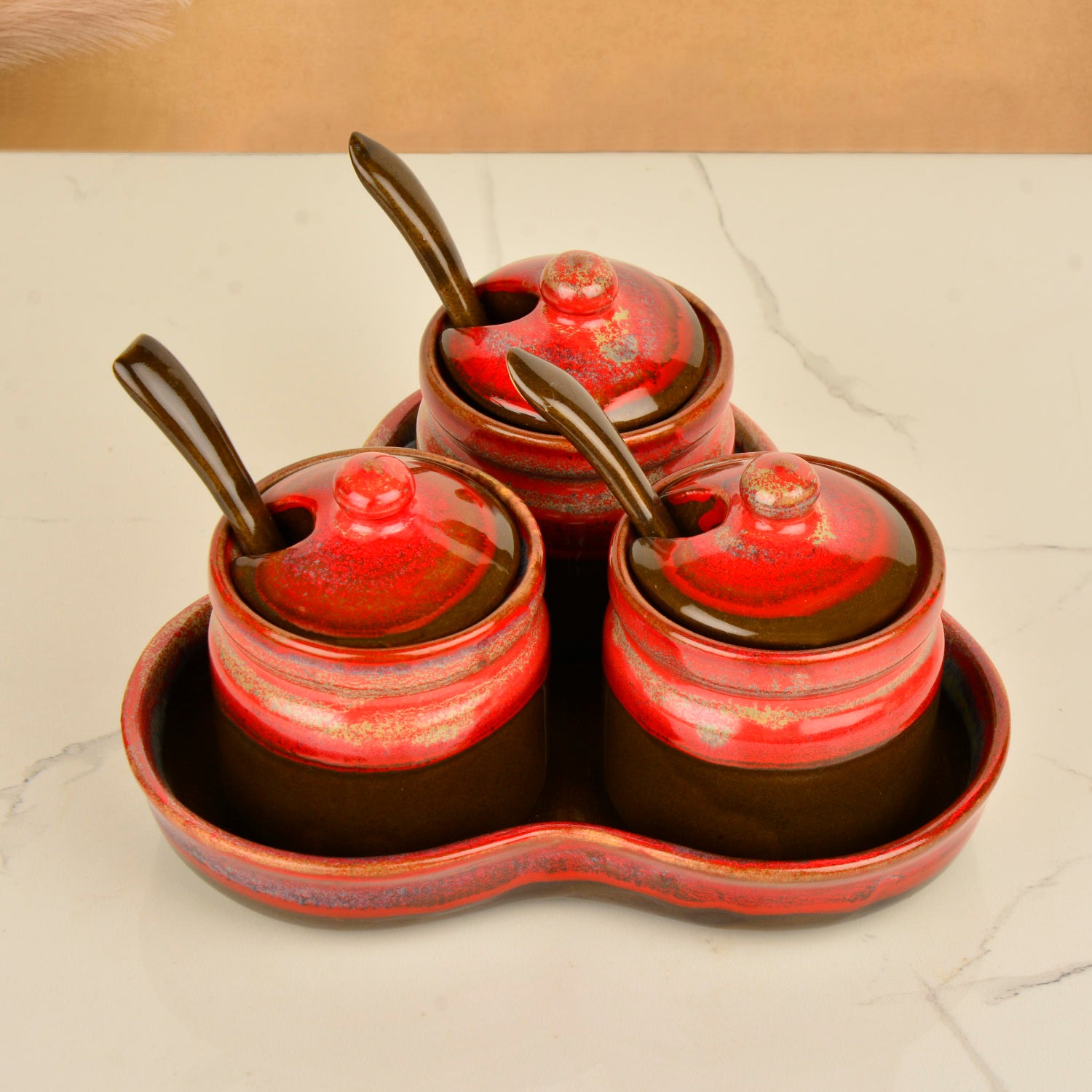 Studio Pottery Ceramic Pickle Serving Jar Set with Spoon and Tray (Set of 3, Golden Studio) - View 4