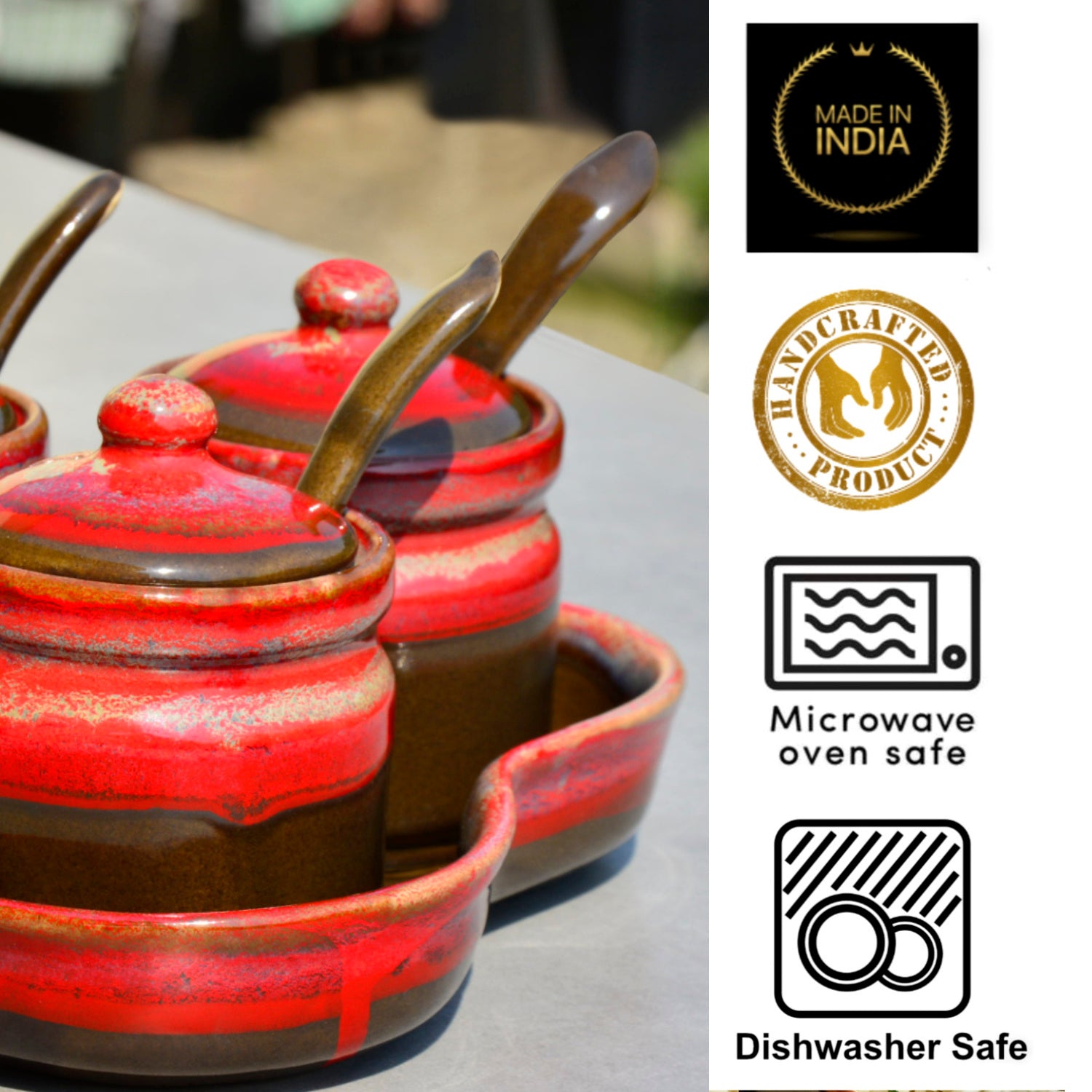 Studio Pottery Ceramic Pickle Serving Jar Set with Spoon and Tray (Set of 3, Golden Studio) - View 5