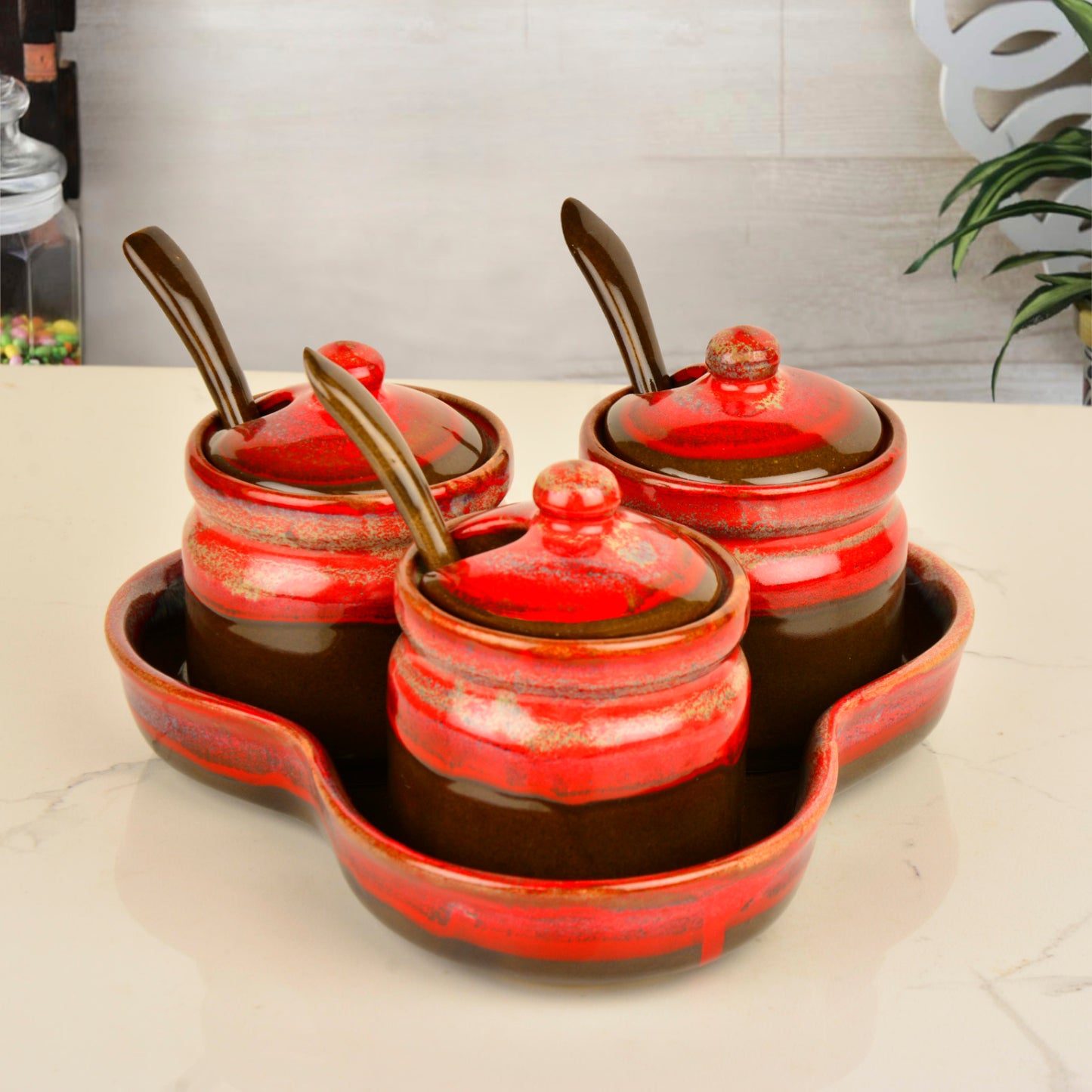 Studio Pottery Ceramic Pickle Serving Jar Set with Spoon and Tray (Set of 3, Golden Studio) - View 7