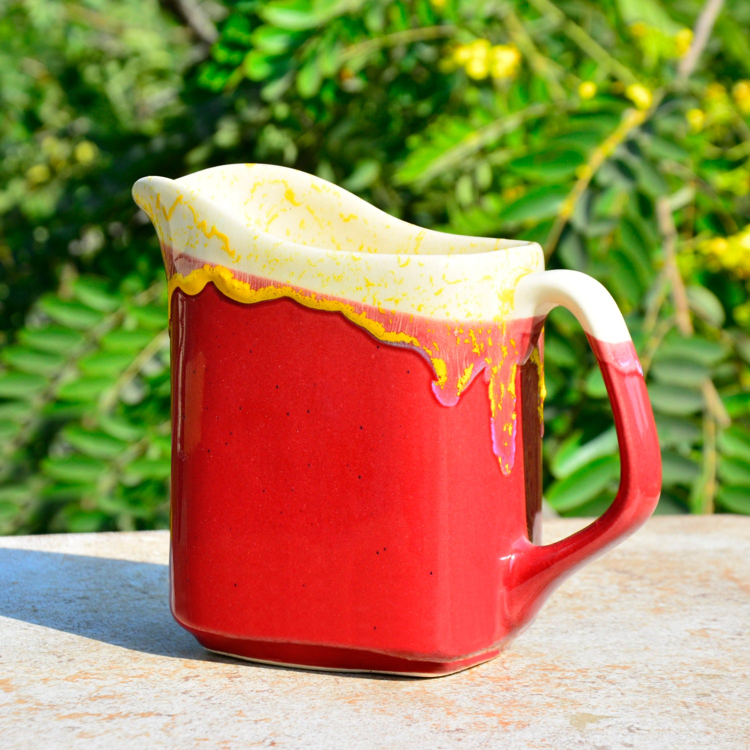 Premium Studio Pottery Square Jug for Serving Water, Juice, Milk for Dining Table (Strawberry Red, 850 ml)