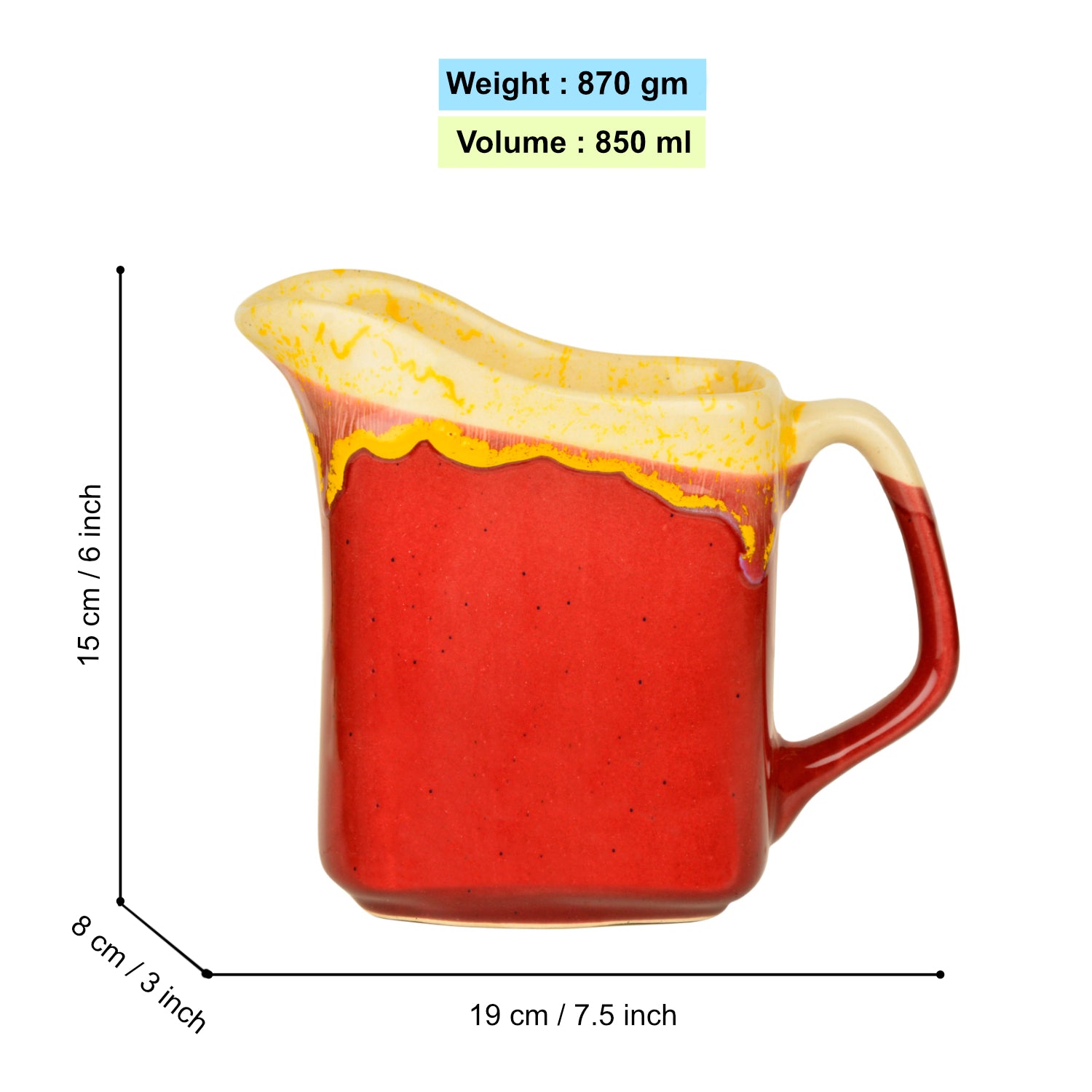 Premium Studio Pottery Square Jug for Serving Water, Juice, Milk for Dining Table (Strawberry Red, 850 ml) - View 2
