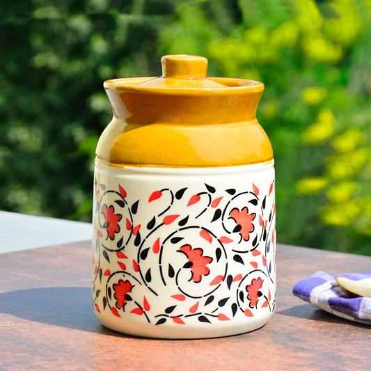 Hand Painted Dual Tone Ceramic Jar with Lid (1200 ml, Sand Yellow, White, Red, Black)